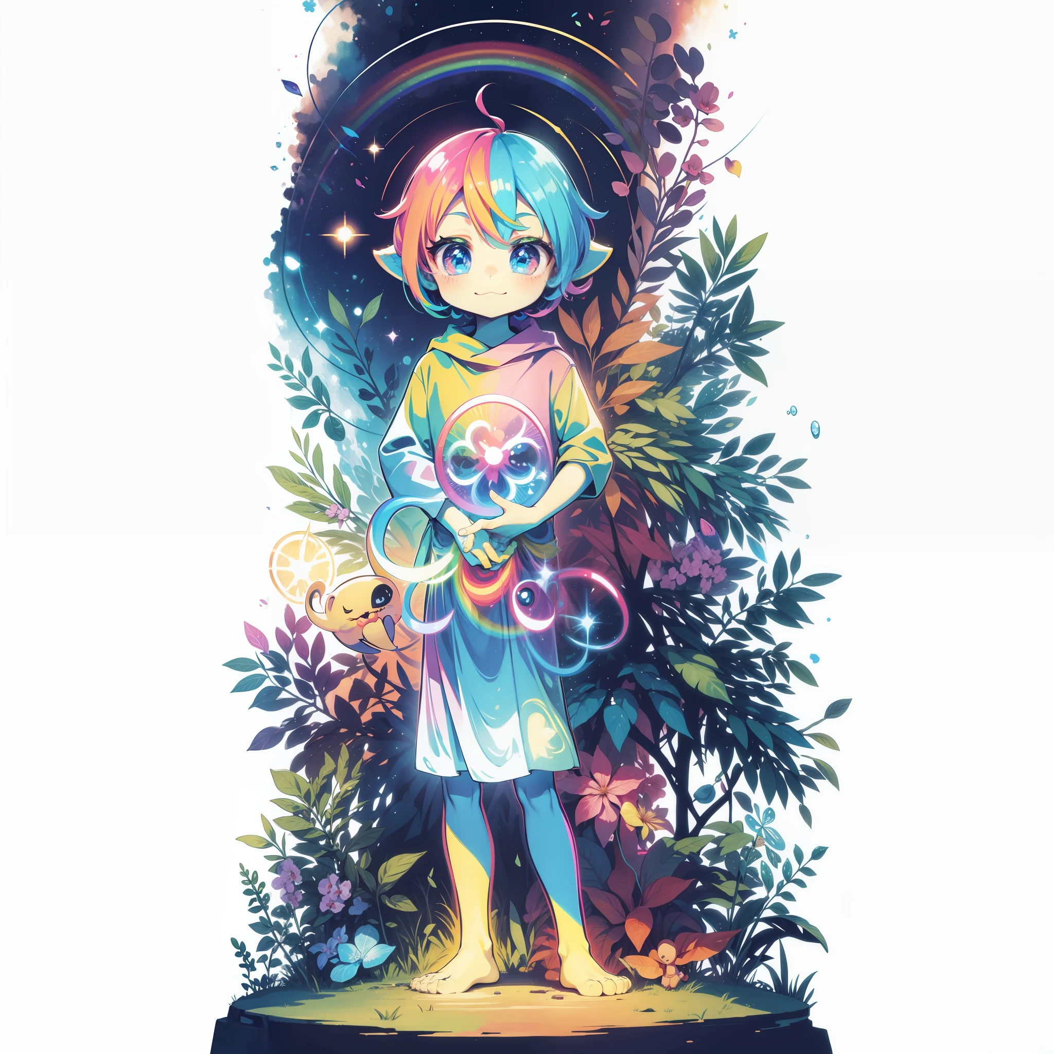 A cute ET holding a rainbow in his hands, radiating vibrant colors.