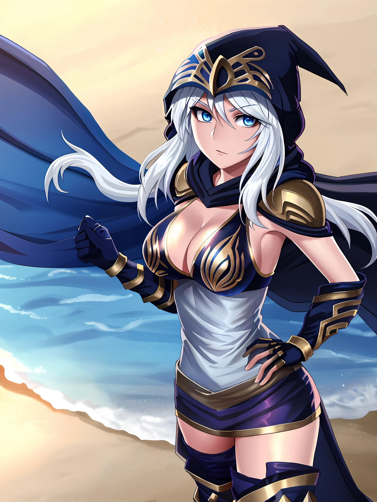 beach, ashe \(league of legends\), 1girl, cowboy shot, looking at viewer, hand on hips, blue eyes, breasts, cape, dress, gloves, hood, league of legends, long hair, short dress, solo, thighhighs, white hair, bandages,
