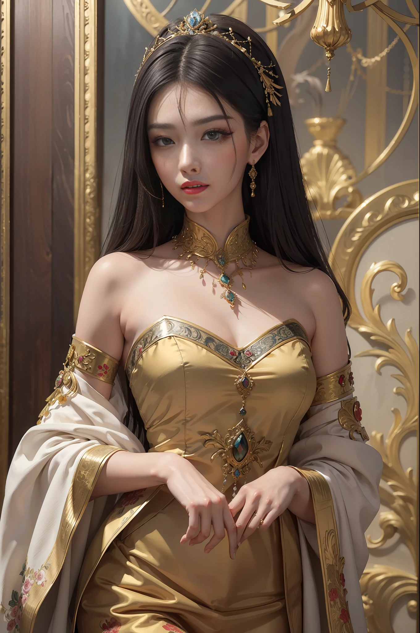 (((best quality)))), ((ultra-detailed))), (((masterpiece))), illustrations, realist artworks, Russian beauties, palatial female figures, representing the essence of Asian aesthetics. She has delicate facial features, and her almond-shaped eyes exude wisdom and elegance. Her high cheekbones and sculpted jawline enhance her elegance and composure. Her shiny, silky black hair cascaded down her back, adding to her charming presence. She wears traditional costumes with intricate patterns and rich colors, symbolizing cultural heritage and timeless beauty. The artwork depicts her in a solemn pose, exuding confidence and sophistication. The background depicts a harmonious blend of traditional and modern elements, creating a visually stunning composition. Meticulous attention to detail reveals the true meaning of feminine beauty, capturing the essence of Asian aesthetics in a mesmerizing way.