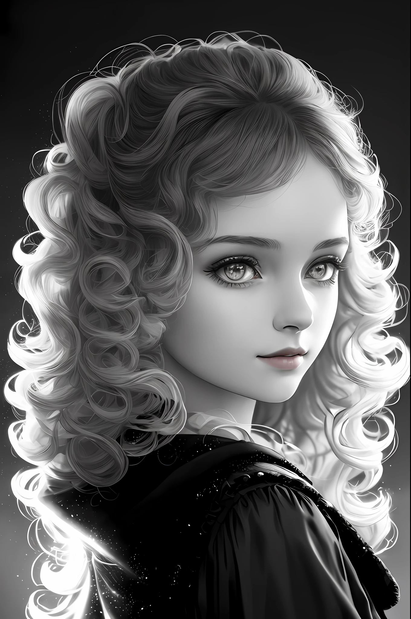 Russian Girl, Trends on ArtStation, Trends on CGSociety, Intricate, High Detail, Clear Focus, Dramatic, Realistic Art of Drawing, by Midjourney and Greg Rutkowski, ((Best Quality)), ((Masterpiece)), High Resolution, Original, Very Detailed Wallpaper, Very Delicate and Pretty, Illustration, Cinematic Light, Volumetric Light, Halo Effect, Light Particles, ((1girl)), beautifuldetailedeyes, longsleeves, hoodie, frills, noshadow, simplebackground, (((black background))), European, bright, (((1980s(style)))), cinema, silhouette, grayscale, monochrome, ((large wavy curls)), slit pupils, (((looking back))), cinematic angles, ((( (close-up))),(((portrait))), lens flare, seductive smile, tarot cards, medium hair