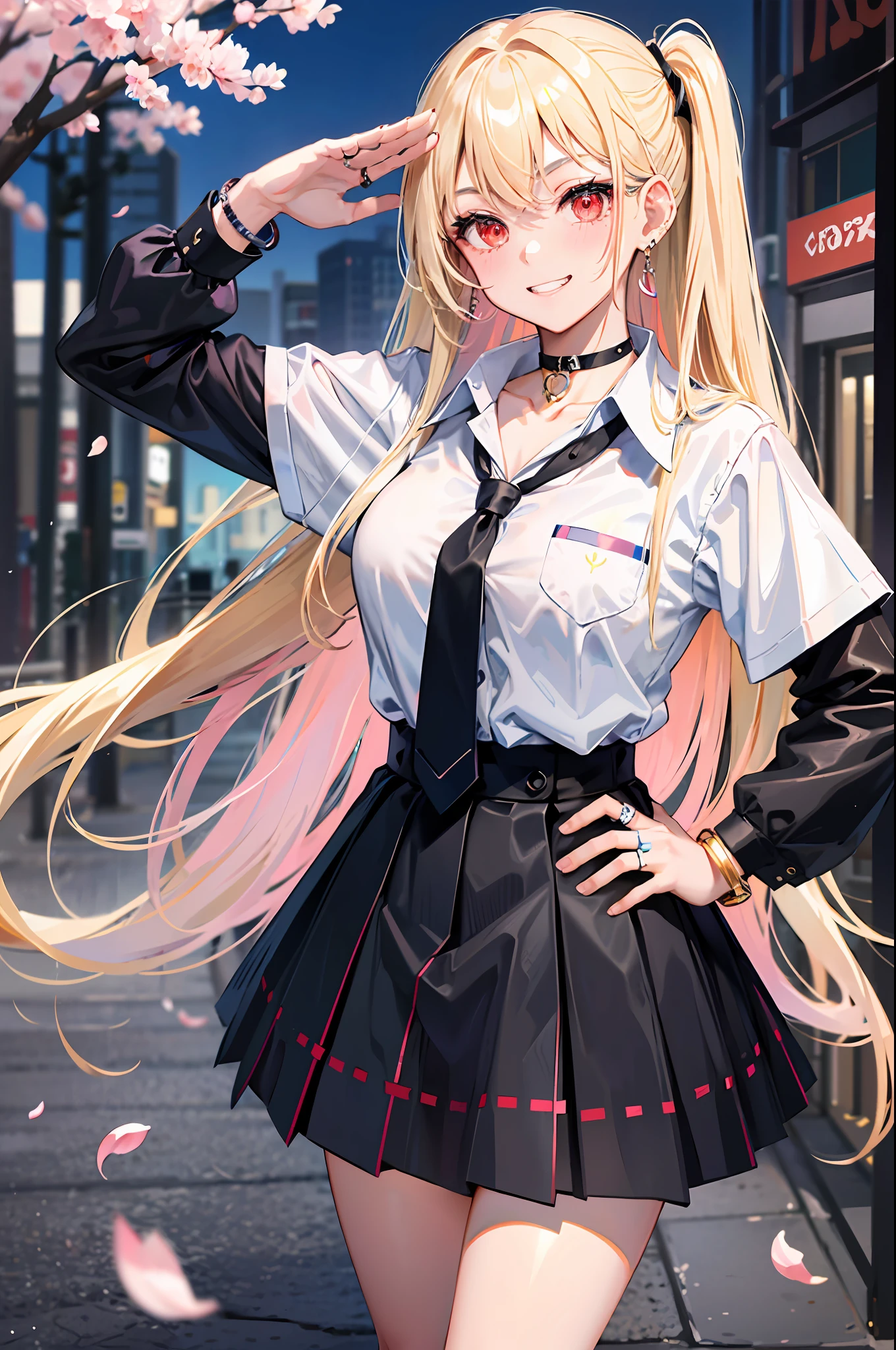 masterpiece, best quality, salute, hand on hip, full body,
1girl, bangs, black choker, black necktie, blonde hair, blue skirt, blush, bracelet, breasts, choker, clothes around waist, collarbone, collared shirt, cowboy shot, dress shirt, ear piercing, eyebrows visible through hair, gradient hair, grin, gyaru, jewelry, kogal, long hair, looking at viewer, loose necktie, necktie, piercing, plaid, plaid skirt, pleated skirt, red eyes, ring, school uniform, shirt, skirt, smile, solo, white shirt,
street, sky, cherry blossoms, petals,