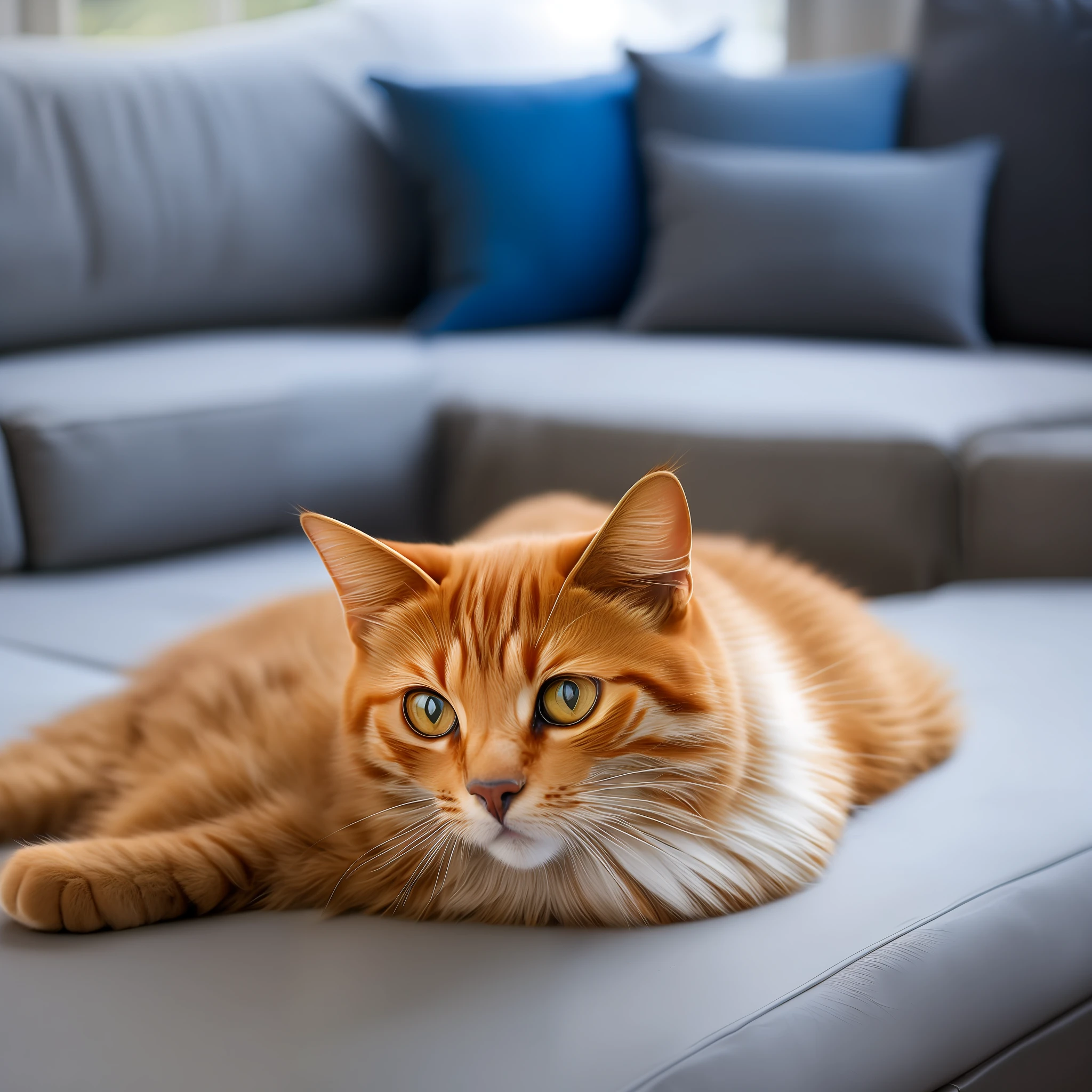 There is a fat cat who is lying on a blue cushion, marks on his face, very handsome, captured with Sony A3 camera, handsome young pale Roma, taken on a camera from the 2010s, uncut, male Tabaxi, looking away from the camera, a handsome, smiling deviantly, looking at the camera, in the background of thought