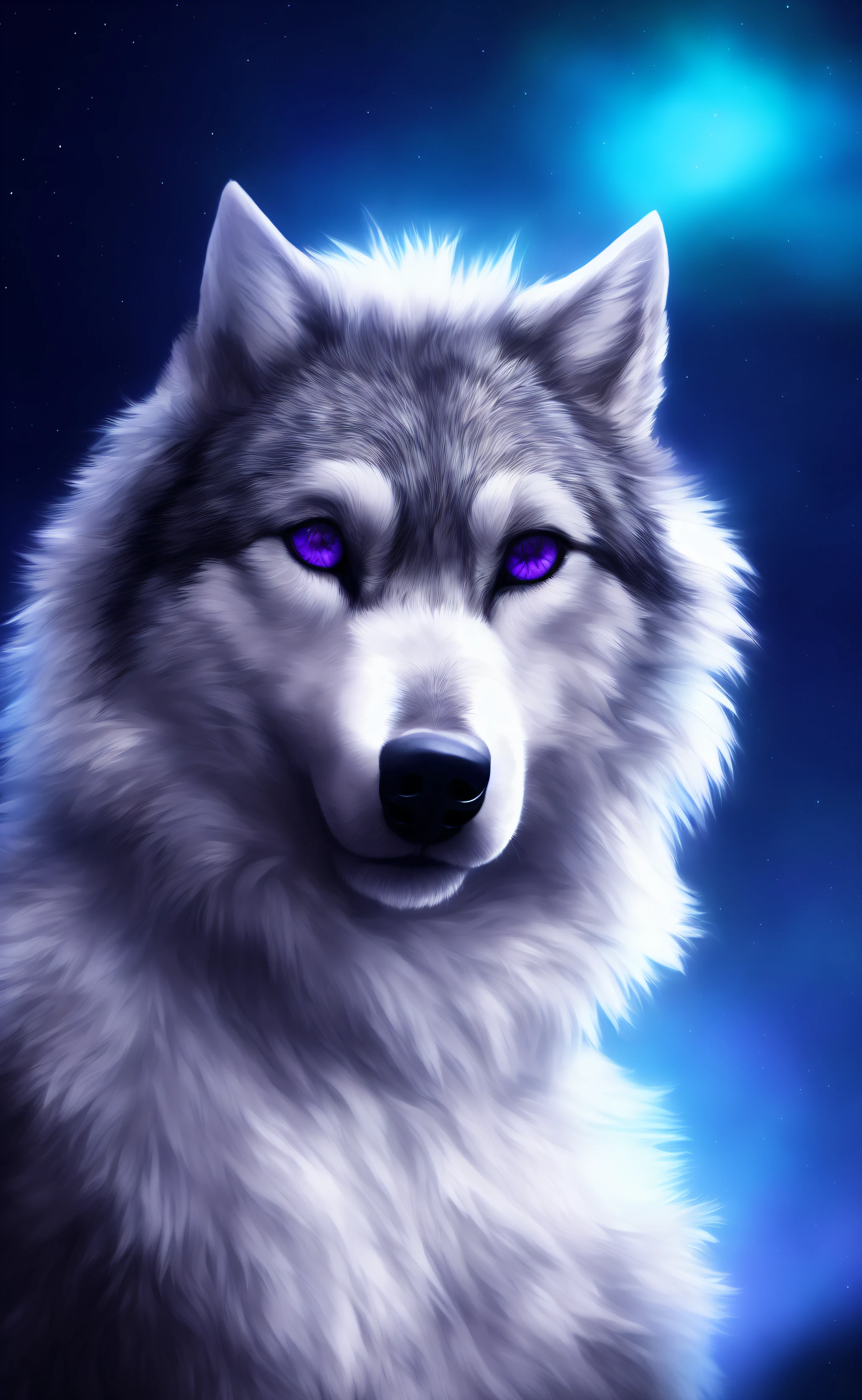, mammal, solo, fur, anthro, purple eyes, digital media (artwork), looking at viewer, grey fur, detailed, whiskers, detailed fur, grey body, white fur, star, hi res, hair, wolf, white body