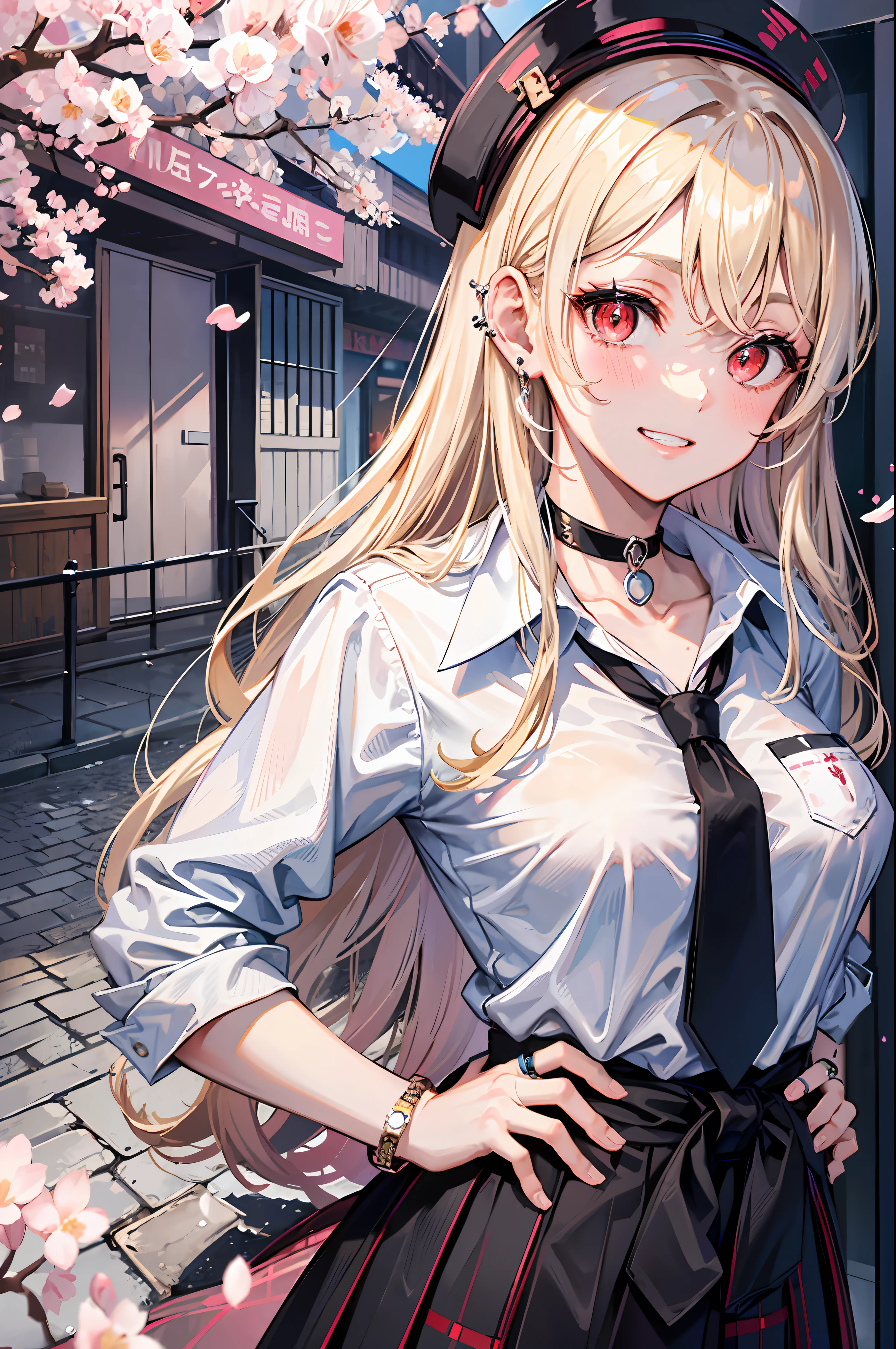 masterpiece, best quality, salute, hand on hip, full body,
1girl, bangs, black choker, black necktie, blonde hair, blue skirt, blush, bracelet, breasts, choker, clothes around waist, collarbone, collared shirt, cowboy shot, dress shirt, ear piercing, eyebrows visible through hair, gradient hair, grin, gyaru, jewelry, kogal, long hair, looking at viewer, loose necktie, necktie, piercing, plaid, plaid skirt, pleated skirt, red eyes, ring, school uniform, shirt, skirt, smile, solo, white shirt,
street, sky, cherry blossoms, petals,