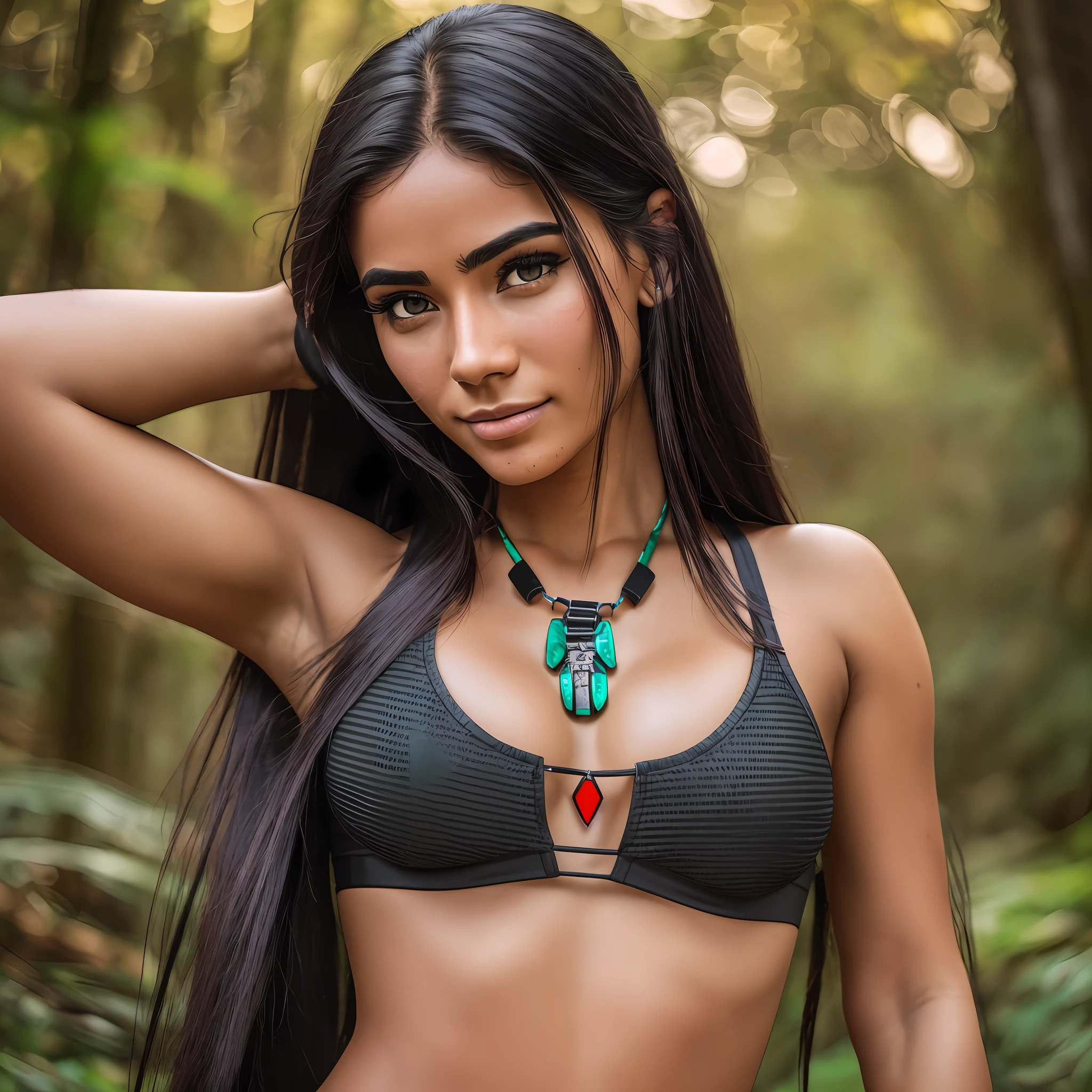 full-body portrait photo of a 22-year-old South American indigenous girl, RAW, beautiful woman, necklace, half-open strawberry lips, lips in dark red color with brightness, dimples, mystery look, green eyes, detailed skull tattoo, (extra long straight black hair with gloss and red hair in front), ((detailed cheerful face)), ((detailed facial features)), (finely detailed skin), light brunette skin, (high-tech cyberpunk thong calsinha on round ass), dawn environment in the woods, (cool colors), damp, (masterpiece) (perfect aspect ratio)(realistic photo)(best quality) (detailed) photographed on a Canon EOS R5, 50mm lens, F/2.8, HDR, (8k) (wallpaper) (cinematic lighting) (dramatic lighting) (sharp focus) (intricate), RAW photo, RAW photo, gigachad photo, posing for camera, 8k uhd, dslr, high quality, grain film, Fujifilm XT3