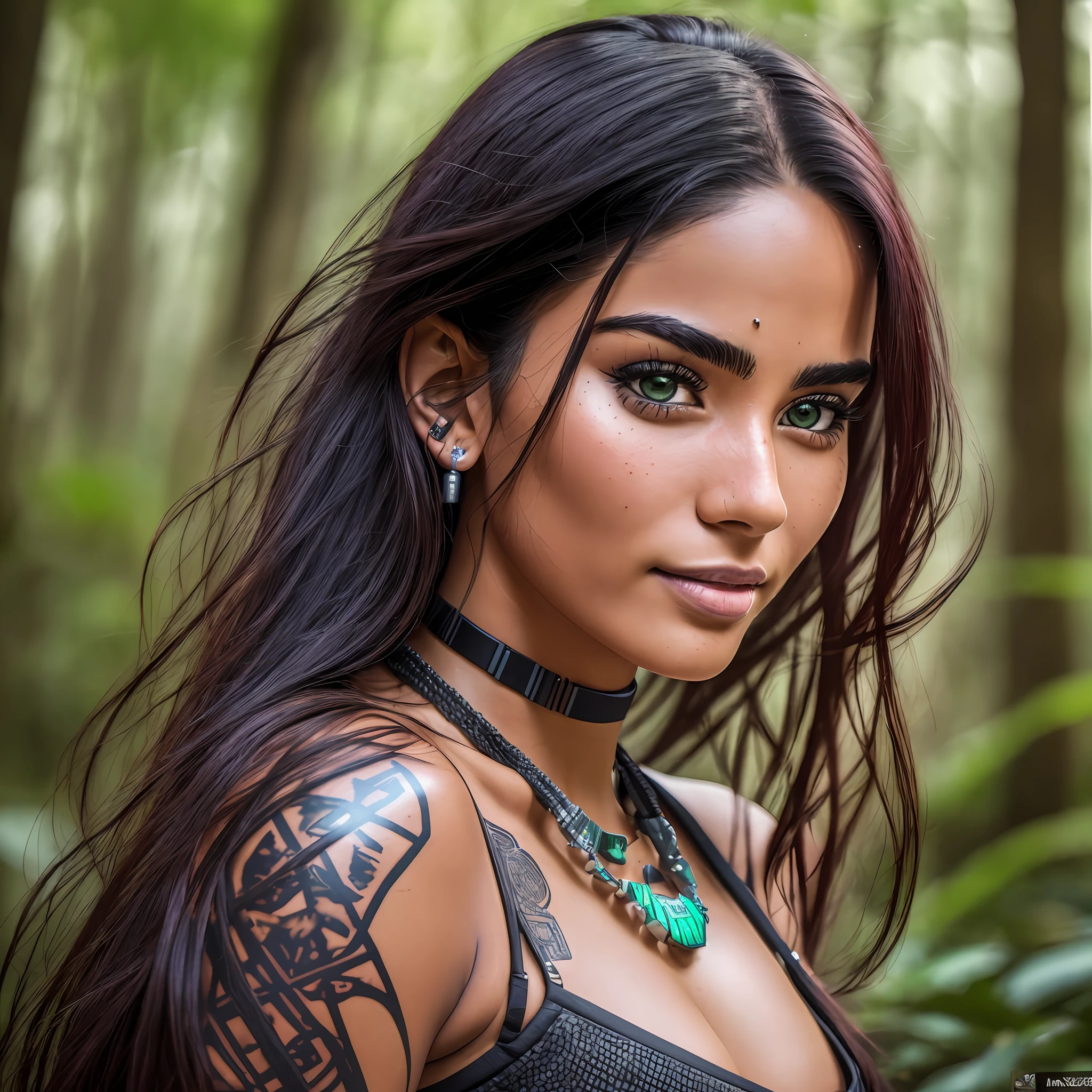 full-body portrait photo of a 22-year-old South American indigenous girl, RAW, beautiful woman, necklace, half-open strawberry lips, lips in dark red color with brightness, dimples, mystery look, green eyes, detailed skull tattoo, (extra long straight black hair with gloss and red hair in front), ((detailed cheerful face)), ((detailed facial features)),  (finely detailed skin), light brunette skin, (high-tech cyberpunk thong calsinha on round ass), dawn environment in the woods, (cool colors), damp, (masterpiece) (perfect aspect ratio)(realistic photo)(best quality) (detailed) photographed on a Canon EOS R5, 50mm lens, F/2.8, HDR, (8k) (wallpaper) (cinematic lighting) (dramatic lighting) (sharp focus) (intricate), RAW photo,  RAW photo, gigachad photo, posing for camera, 8k uhd, dslr, high quality, grain film, Fujifilm XT3