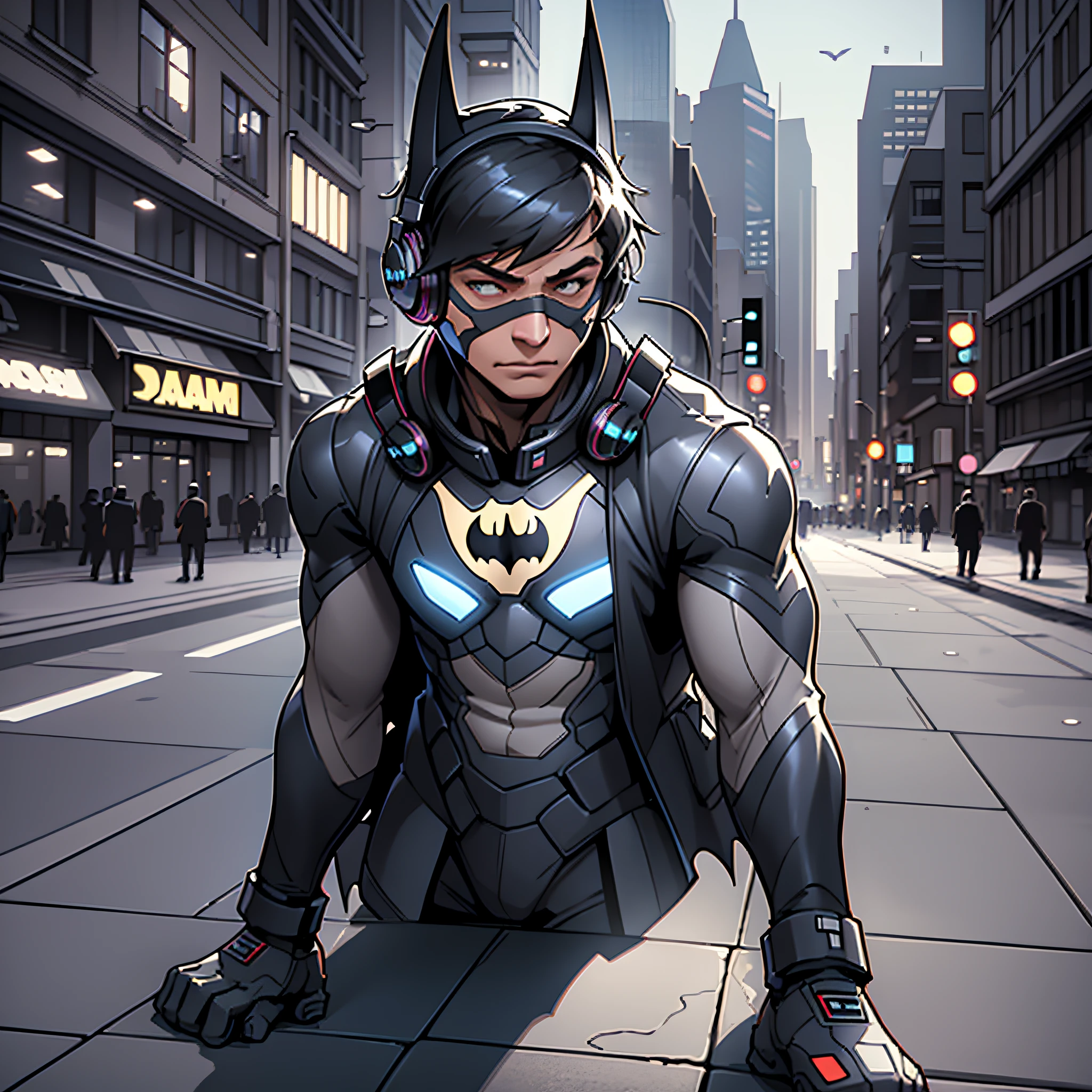 close Batman dj ((proud expression)), headphones, masterpiece, best quality, ultra-detailed, floor, city background, shadows, contrast, clear sky, style (look at viewer: 1.2) (skin texture) (film grain: 1.3), ultra-high resolution, octane rendering, 16k --auto --s2