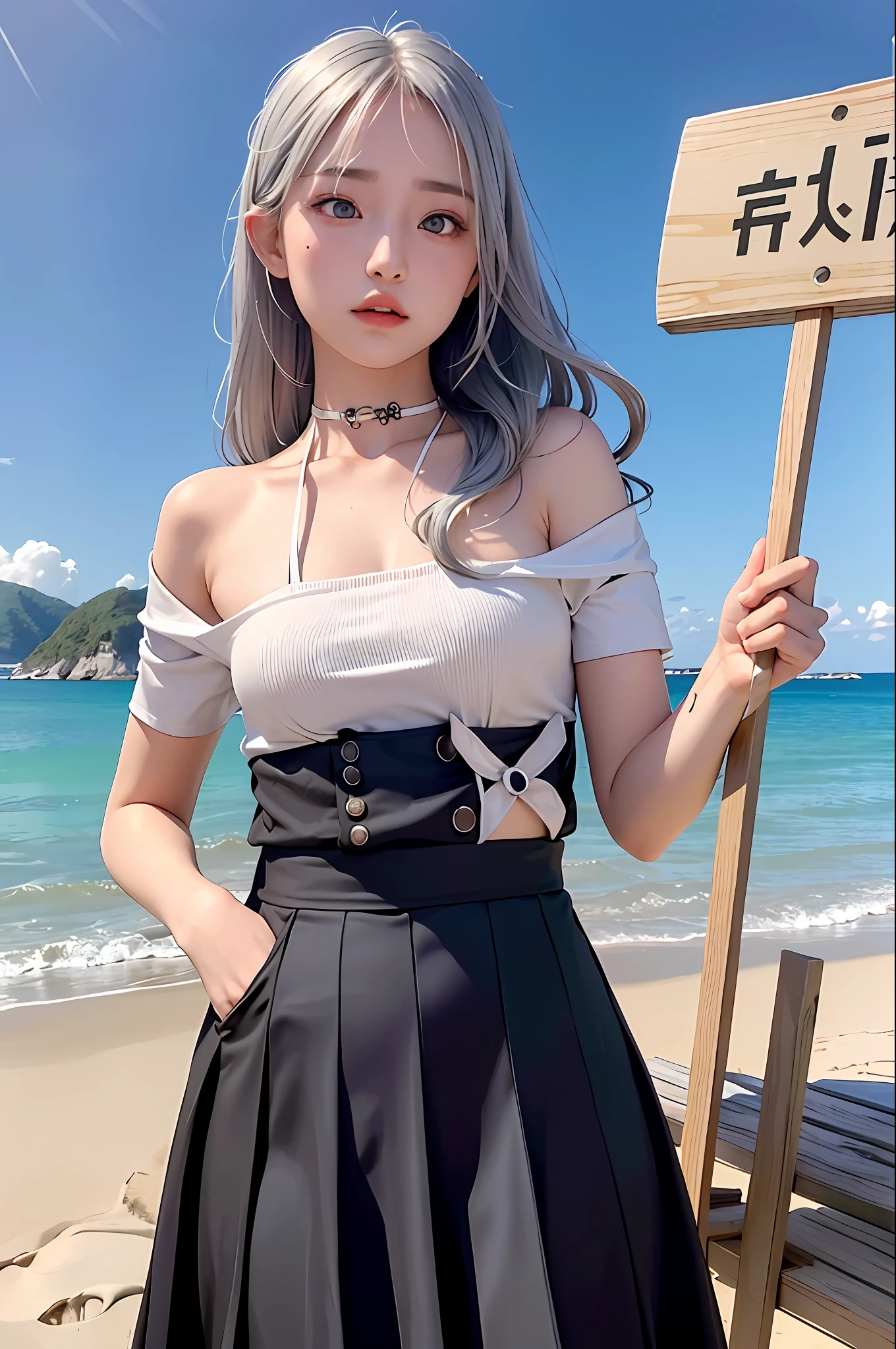 photorealistic, high resolution, 1 girl, gray hair, korean, heterochromic eyes, small moles under eyes, big, blonde, beach, outdoor, one side up, huza, black skirt, wharf, school uniform, 25 years old