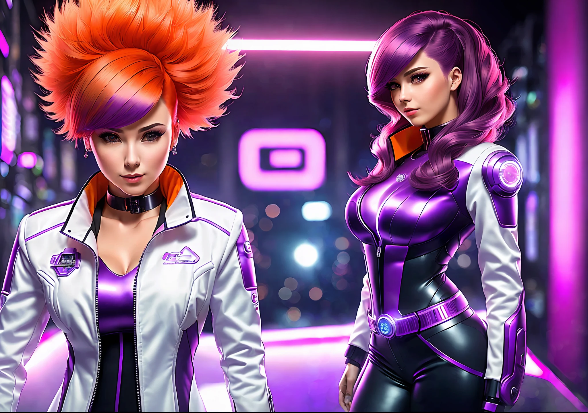 A woman with purple hair, futuristic outfit, a hyper detailed robot in the background, a young man with orange hair, white blouse, red jacket and jeans, year 3000, future, futuristic