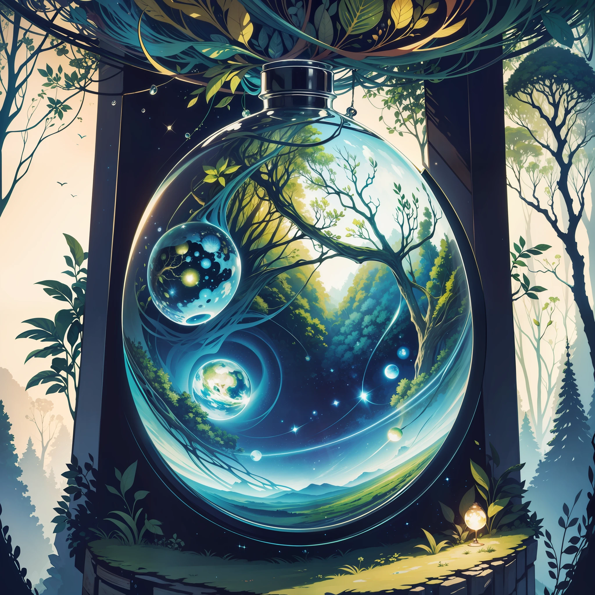 A delicate glass jar holding a tiny planet covered in lush forests and sparkling rivers. The vivid and vibrant colors portray an exotic landscape full of life.
