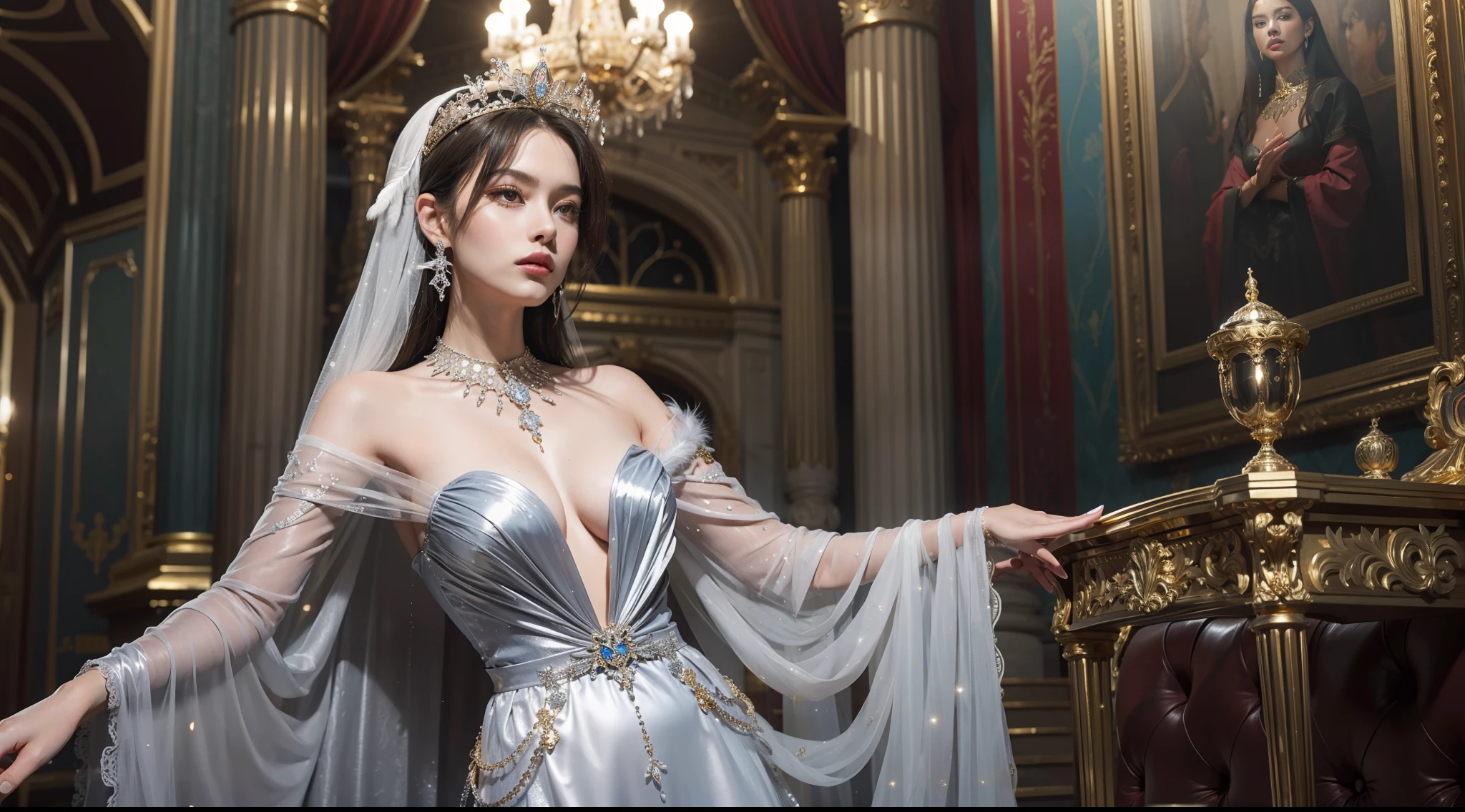 (Best quality, masterpiece), 1 woman, 20 years, stunning dress, queen, badass, confident, palace, golden, accessories, silver, platinum, chic, feathers