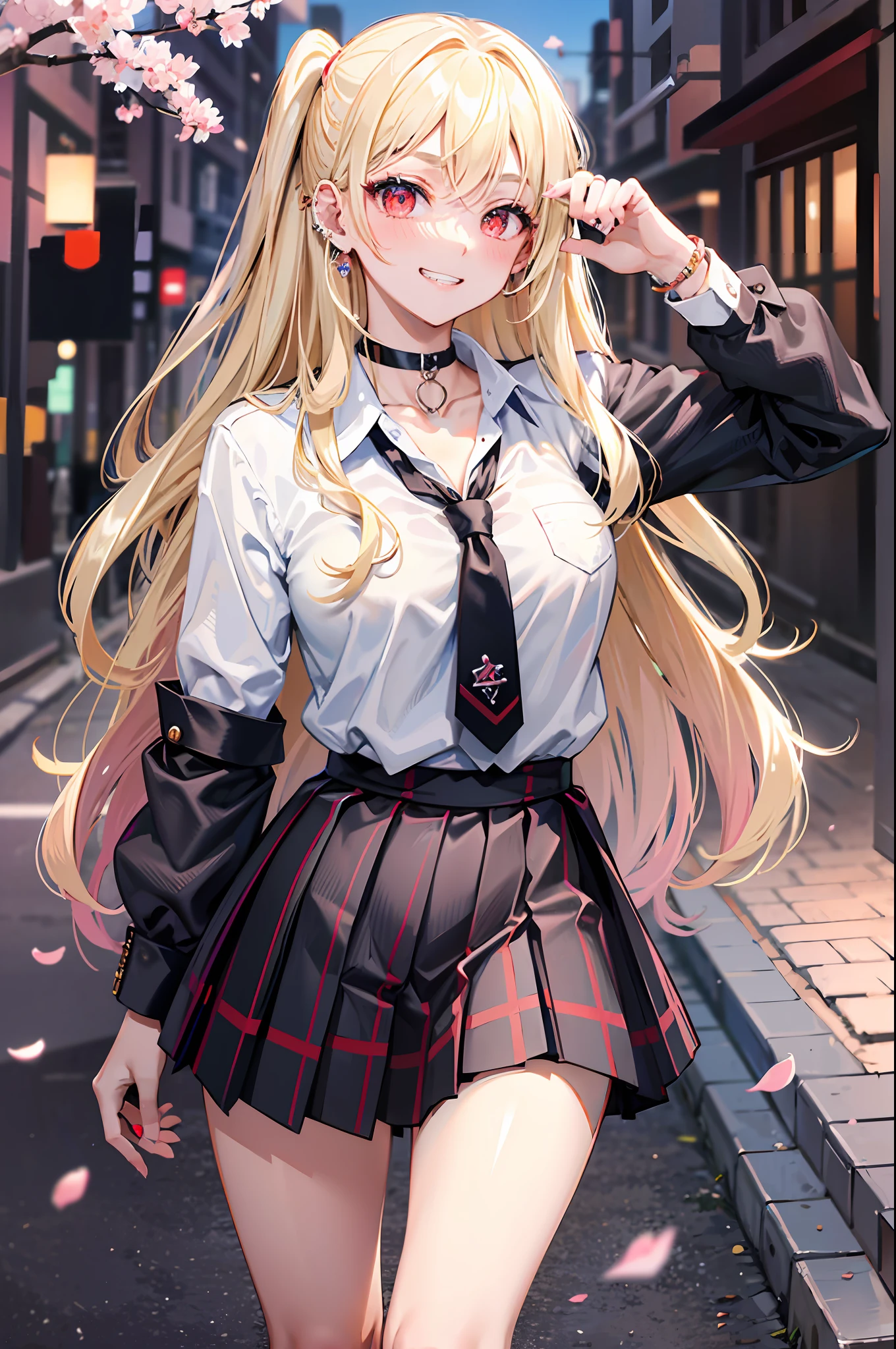 masterpiece, best quality, salute, hand on hip, full body,
1girl, bangs, black choker, black necktie, blonde hair, blue skirt, blush, bracelet, breasts, choker, clothes around waist, collarbone, collared shirt, cowboy shot, dress shirt, ear piercing, eyebrows visible through hair, gradient hair, grin, gyaru, jewelry, kogal, long hair, looking at viewer, loose necktie, necktie, piercing, plaid, plaid skirt, pleated skirt, red eyes, ring, school uniform, shirt, skirt, smile, solo, white shirt,
street, sky, cherry blossoms, petals,