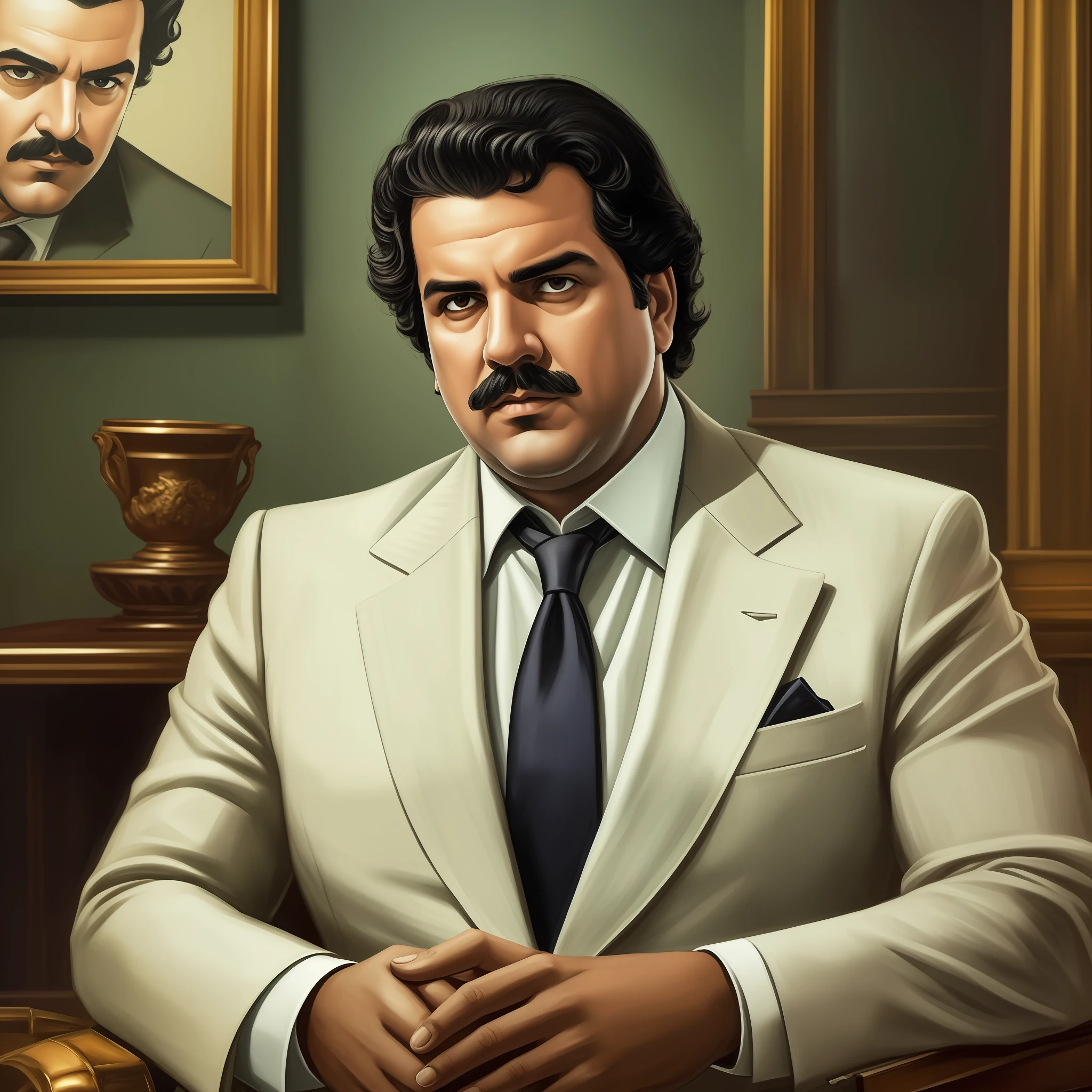Describe Pablo Escobar as a man of imposing and enigmatic appearance. He possesses an intense, confident expression, with piercing eyes that reflect his relentless determination. His dark hair is slightly disheveled, while a thin beard adds a touch of rusticity to his look. He has a piercing gaze, as if he is always analyzing everything around him.

Pablo wears an elegant suit, which exudes power and status. His posture is upright and secure, conveying a magnetic presence. While he may seem like a respectable businessman at first glance, there is a certain air of danger around him, suggesting his connection to the criminal underworld.

The image captures Pablo Escobar in a luxurious setting, surrounded by symbols of his wealth and power. It could be a scene in your mansion, with valuable artwork and sophisticated furniture in the background. The dramatic lighting enhances the contours of his face, highlighting the duality of his charismatic and ruthless personality --auto --s2