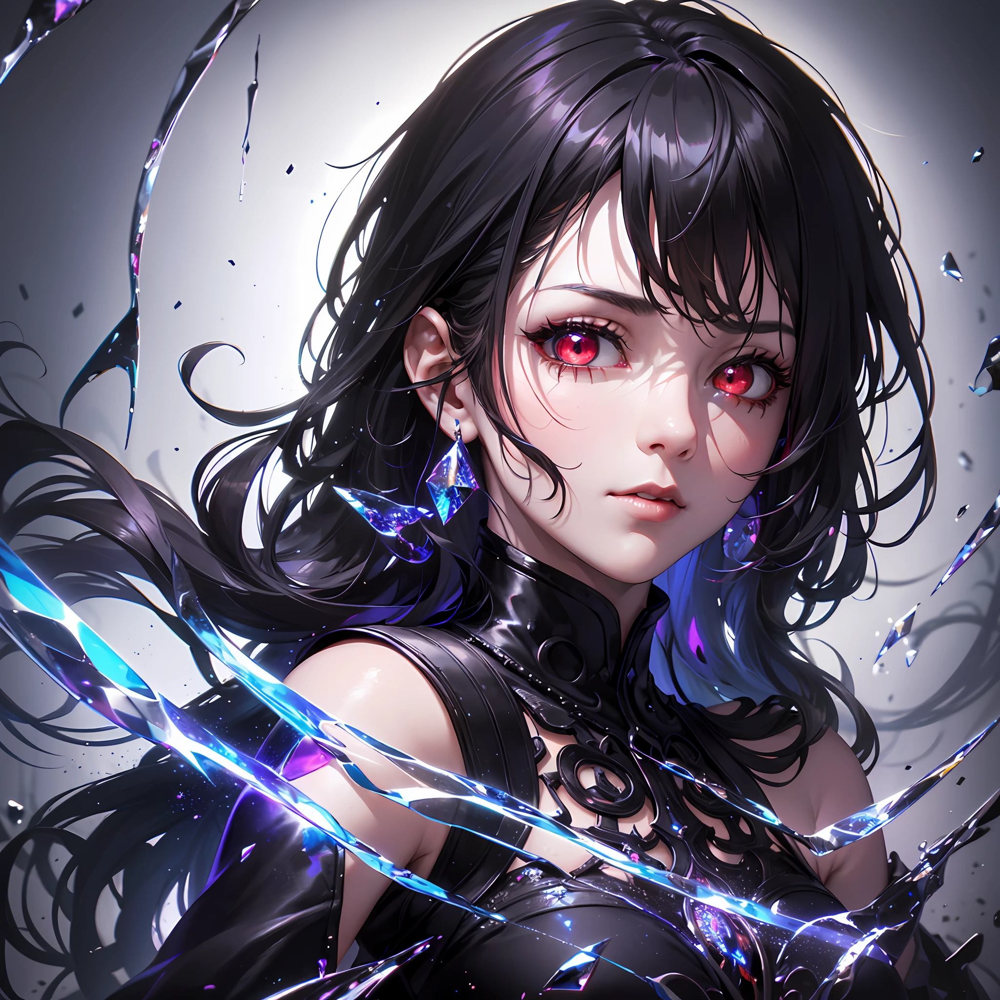 (masterpiece, best quality, ultra-detailed, best shadow), (detailed background, dark fantasy), (beautiful detailed face), high contrast, (best illumination, an extremely delicious and beautiful), ((cinematic light)), colorful , ultra-detailed, dramatic lighting, intricate details, (1 girl, solo, black hair, sharp face, low double ponytail, red eyes, hair between eyes, dynamic angles), blood splatter, character spinning around black light, depth of field, black light particles, (broken glass), magic circle, --auto --s2