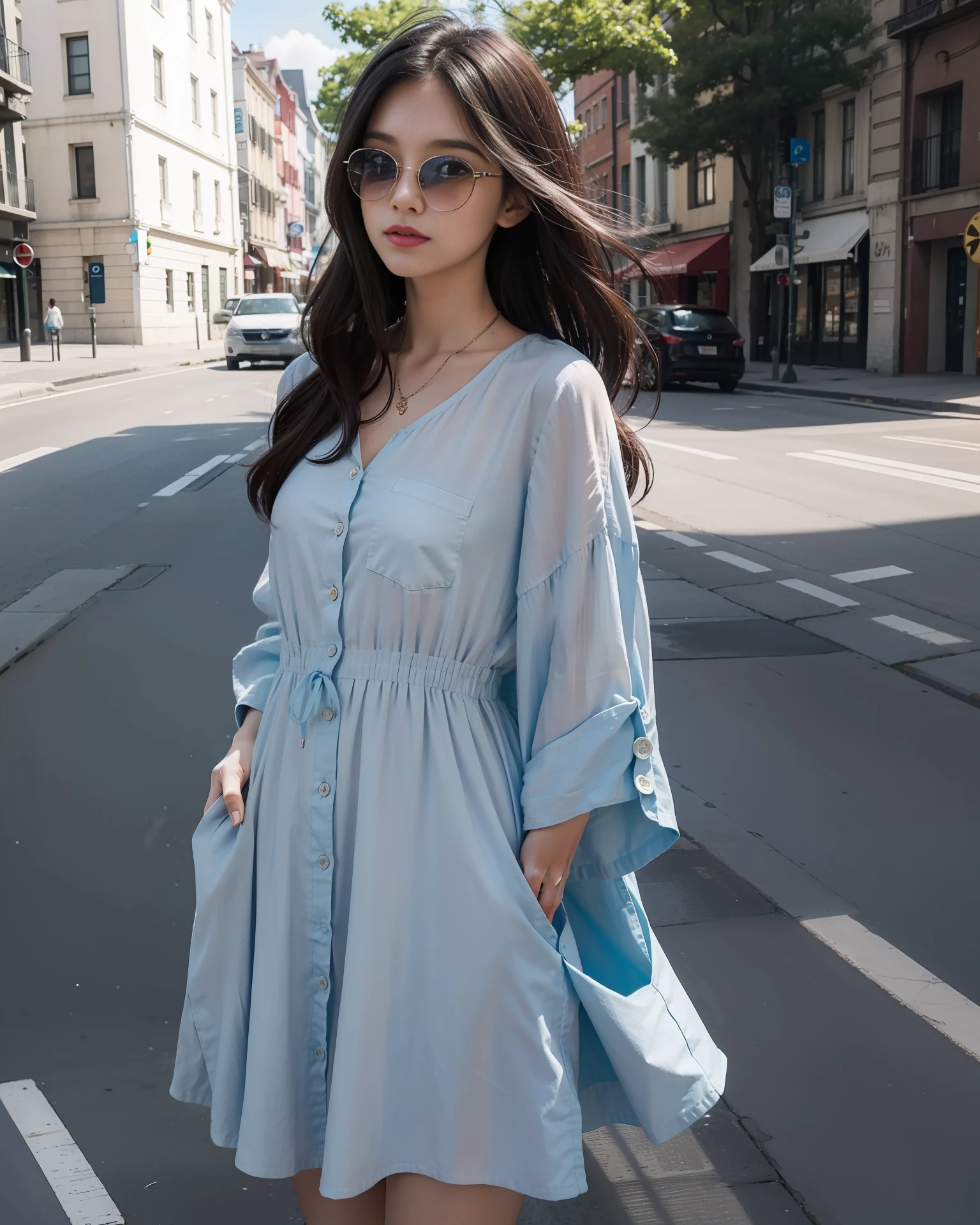 This is a blue striped cotton and linen dress, (color is blue: 1.5), length to the calf, has a large pocket in the front, the material is soft and comfortable cotton linen, economical but durable, This dress is characterized by casual and not casual, the blue stripe pattern is both refreshing and stylish, the details of the pockets add practicality and fun, suitable for pairing with white sneakers, sunglasses, relaxed and stylish The neckline is V-shaped and has a small button, which makes the neck appear more slender, The sleeves are long-sleeved, There is a small folded edge that adds layering, the waist is an elastic band design that can adjust the tightness to suit different body shapes, the skirt is straight, there is a large pocket in the front, you can store small items such as mobile phones or keys, no lining is required inside the skirt, because cotton and linen are opaque and unpilling, 4k, 8k, fine details, super high resolution, best quality, high definition, complex details, large file size, amazing, depth of field, natural shadows, (85mm, f/1.4, iso 200,1/600:0.75),(Whole body:1.3),
