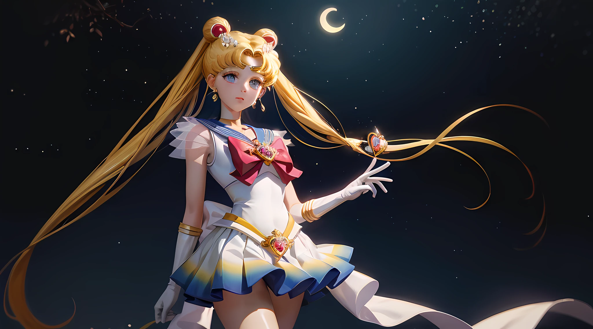 Masterpiece, best quality, (1 girl), super sailor moon, cowboy lens, night sky, moonlight, night, white gloves, blue eyes, galaxy background, multicolored clothes, school uniform, blue skirt, hair ornament, red bow, brooch, heart brooch, earrings, crescent, heart necklace, heart, very long hair, crescent moon earrings, tiara, yellow necklace, boots, knee boots,  red shoes, long legs, walking in school