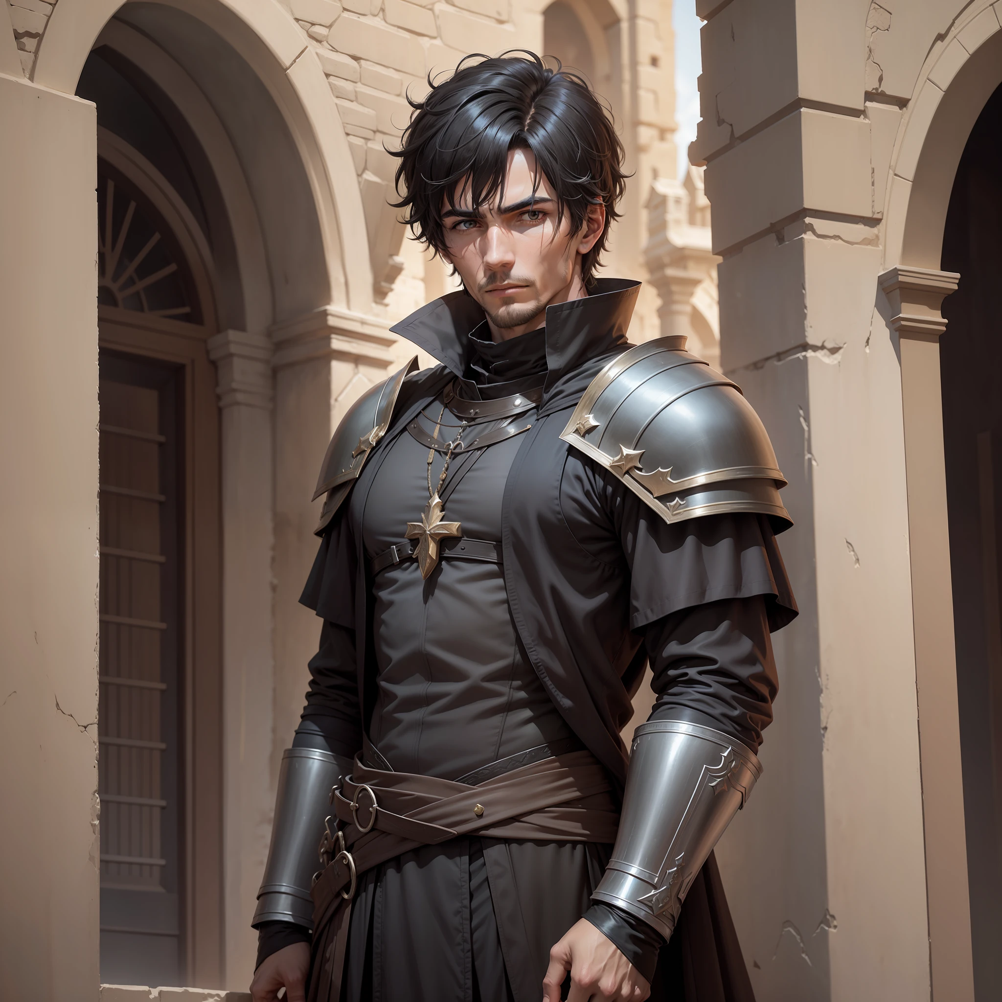 Realistic mage of superior quality of a man with disheveled black and short hair, tall, strong, black eyes, dressed in black cleric's clothes, shoulder pads, some injuries on his face, standing before a window of a simple house of a city in the middle of the desert