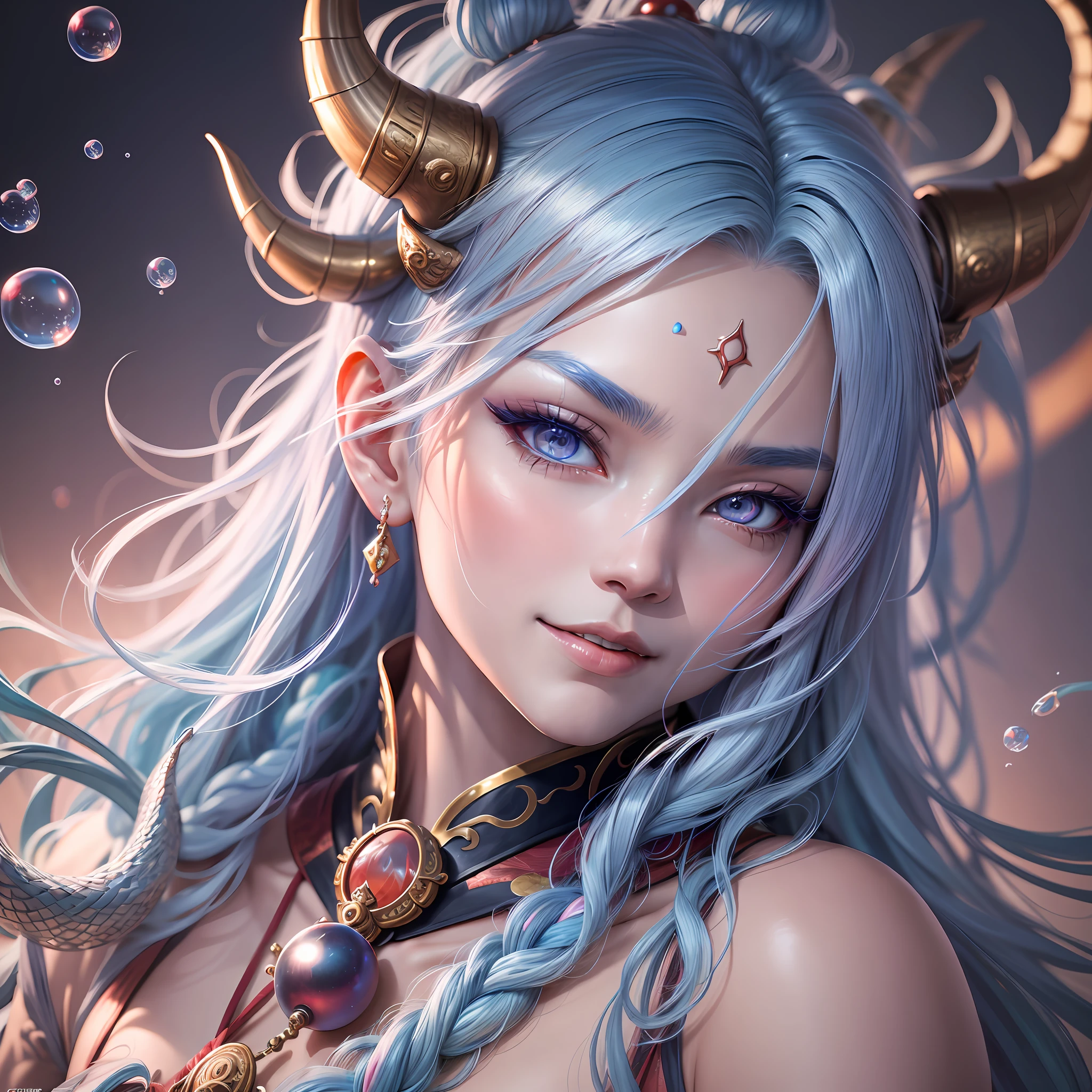 Chinese mythology, Boy,, loong, Dragon, ocean, Coral, pearl, bubble, Ao Bing, Scales, silver hair, blue hair, ahoge, long hair, antlers, forehead jewel, dragon horns, eye reflection, gradient eyes, pupils sparkling, evil smile, anime, Ukiyo-e, anime style, god rays, cinematic lighting, cowboy shot, close-up, UHD, masterpiece, ccurate, anatomically correct, textured skin, super detail, high details, high quality, award winning, best quality, highres