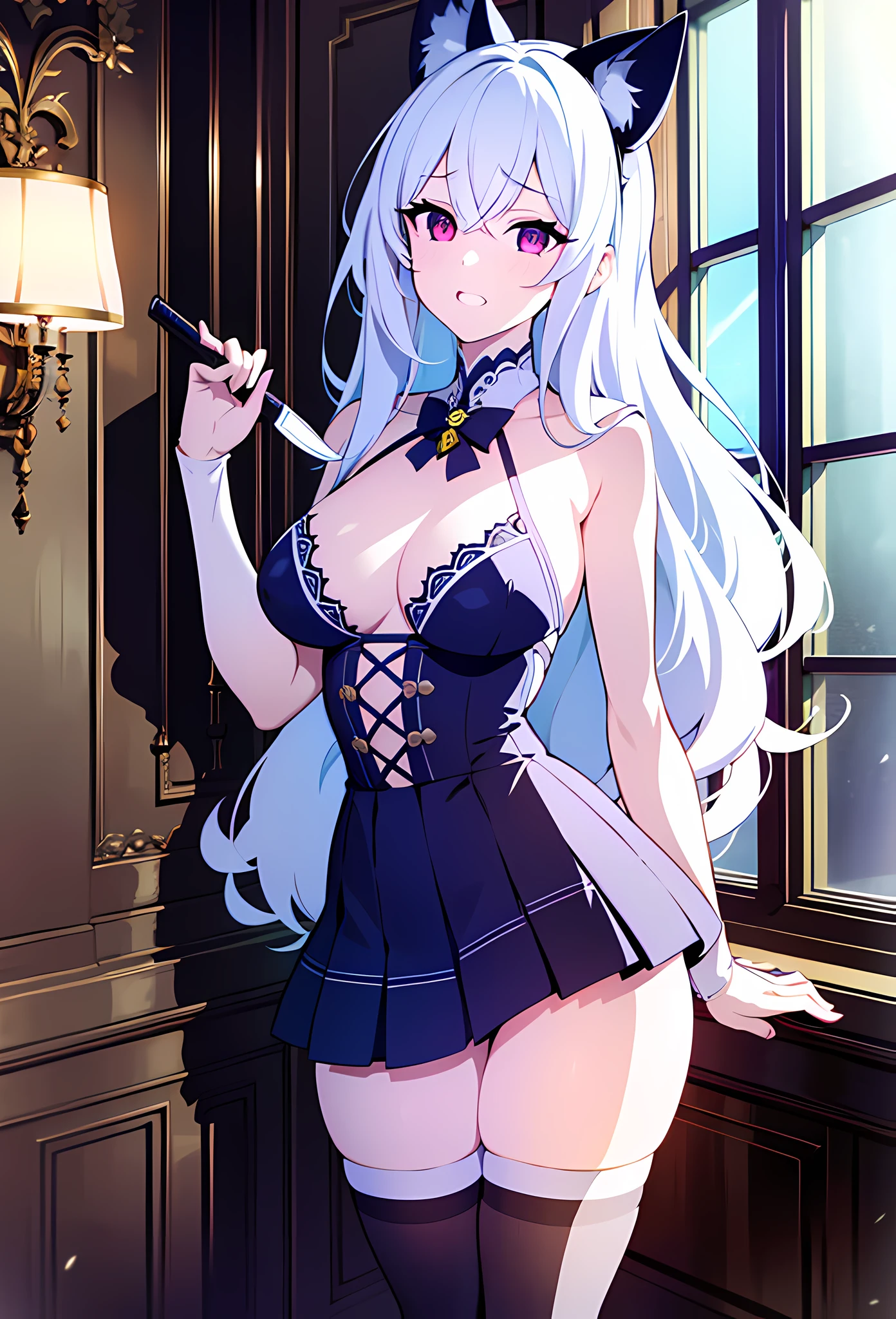 {{{{masterpiece, realistic, extremely detailed, intricate details, sharp focus, 8K, highres, depth of field, absurdres, high quality facial shadowing, dynamic shadowing, cinematic lighting, perfect lighting}}}}, best quality, asian qualities, {facing viewer}, {hands behind back}, {solo}, beautiful young girl, {{{extremely detailed girl, perfect anatomy, perfect body}}}, {{{beautiful-detailed luscious hip-length vibrant white hair}}}, {{{luscious multi-layered hair}}}, {{{black cat ears}}}, {{beautiful-detailed facial structure}}, {{detailed beautiful face}}, {{detailed face:1.33}}, {{beautiful-detailed eyes}}, big eyes, {{{{detailed ruby red eyes}}}}, {{{{high-detailed sharp clear unclouded black cat eye pupils}}}}, {{{{vibrant eye colors}}}}, small boobs, {{slim arms}}, {{{{beautiful-detailed fingers}}}}, {{slim waist}}, {{{{beautiful-detailed white fluffy cat tail}}}}, {{slim cat tail}}, {{thick thighs}}, {{{detailed legs}}}, {{{blushing}}}, {{happy expression}}, slightly open mouth, fashion, {{{simple-detailed vibrant blue sapphire gem choker}}}, summer school uniform, {{{{detailed white school short shirt}}}}, {{{beautiful-detailed ice blue bow ribbon}}}, {{{detailed black plain mini-skirt}}}, {{{beautiful-detailed knee warmer socks}}}, {{{wearing brown leather school shoes}}}, {{{standing in an old school building holding a knife with blood splattered on the knife and wall}}}, {enhanced background}, {{moonlight shining through the window}}