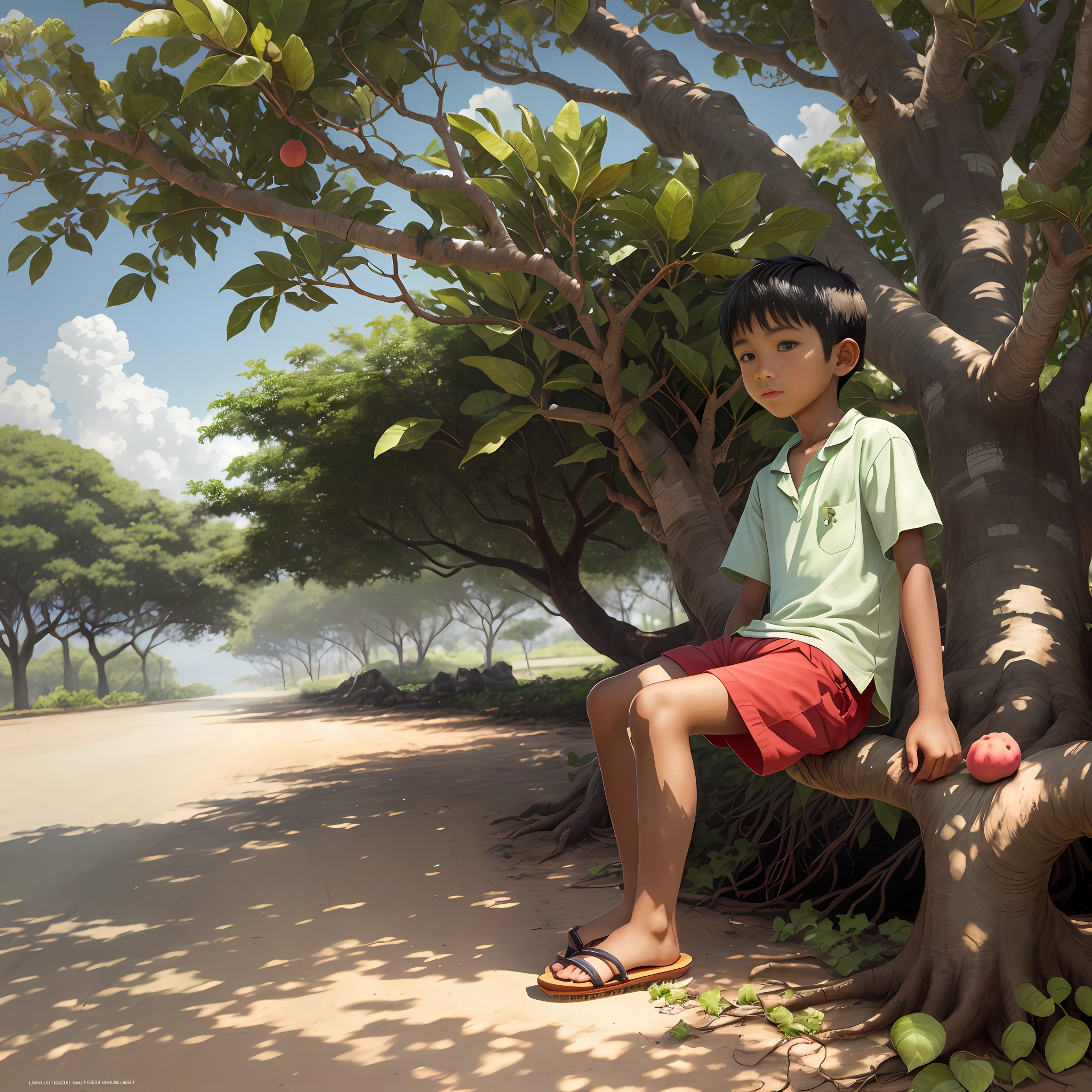 A boy in flip-flops next to a guava tree