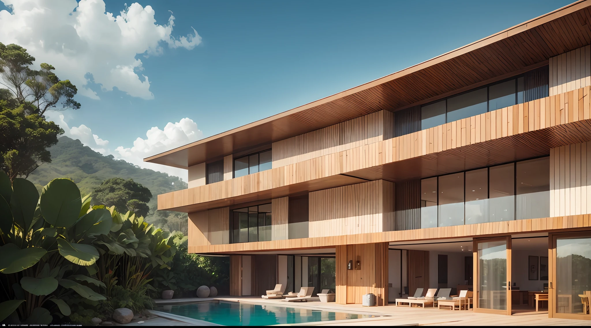 façade of the small contemporary spa hotel, architect Marcio Kogan, surrounded by Atlantic forest, wooden elements, sunny natural lighting, canon mark II camera, long photo, cinematic image, photorealism, POV angle --auto --s2