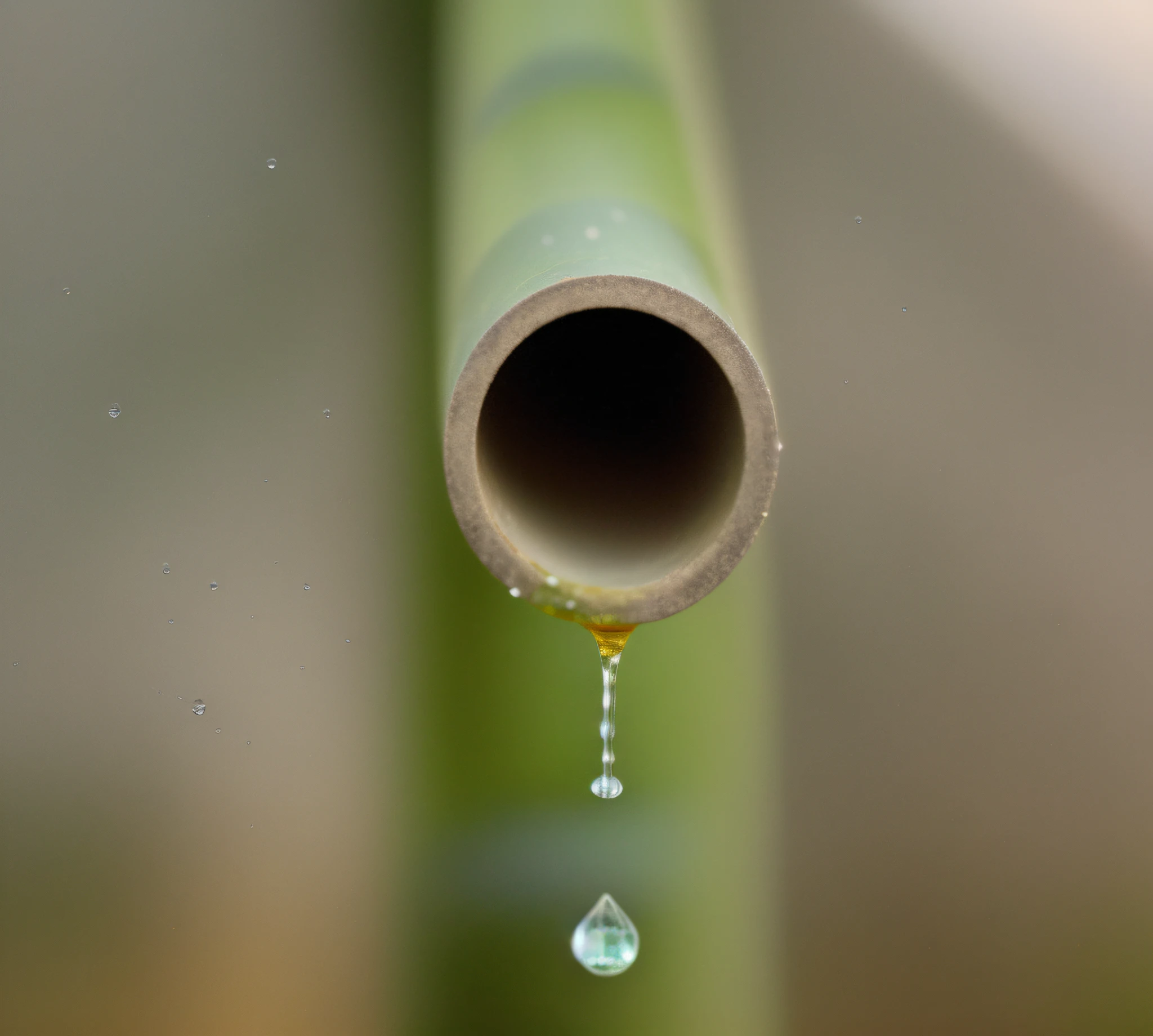 there is a small drop of water coming out of a bamboo pipe, water dripping, tear drop, drops, dripping water, trickling water, water droplet, raindrop, wet dripping, drip, drop of waters, bamboo, dripping, drips, water pipe, tear drops, focus on droplets, droplets, sake, dripping with water, tears