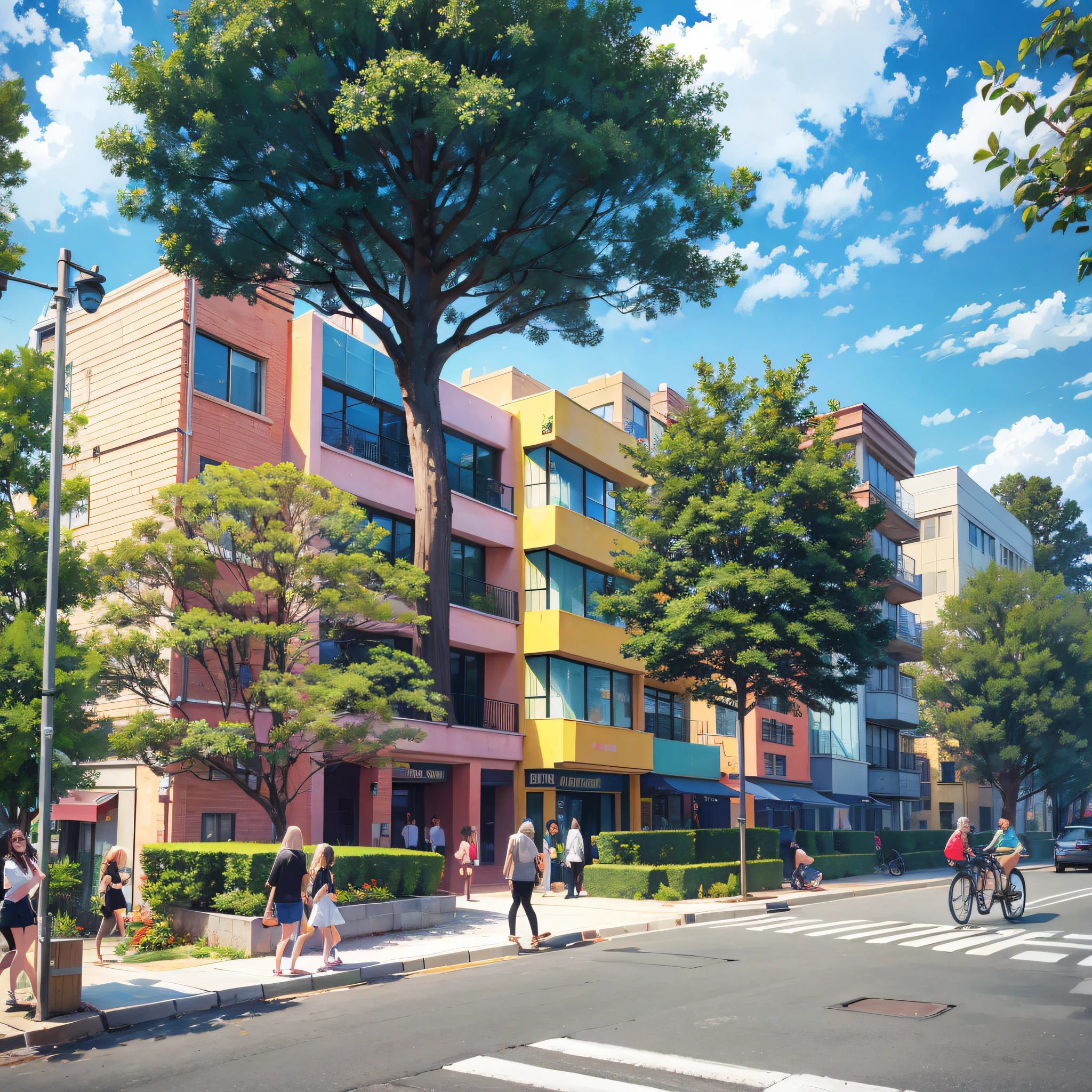 tree-lined, pedestrian-first planned neighborhood, colorful 3-story buildings --auto --s2
