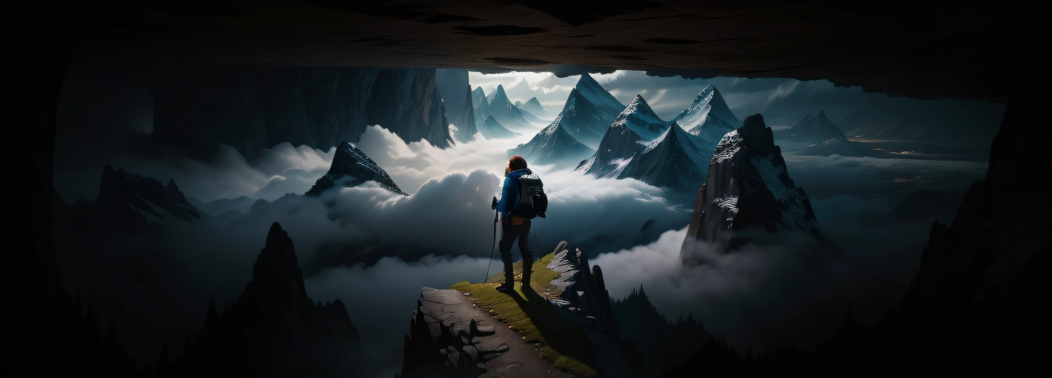 "Young and adventurous mountaineer with backpack on his back, stunning mountain view, under strong lighting, archipelago of floating clouds, dense foliage, precise depth of field, ultra sharp details, strong contrast." --auto --s2