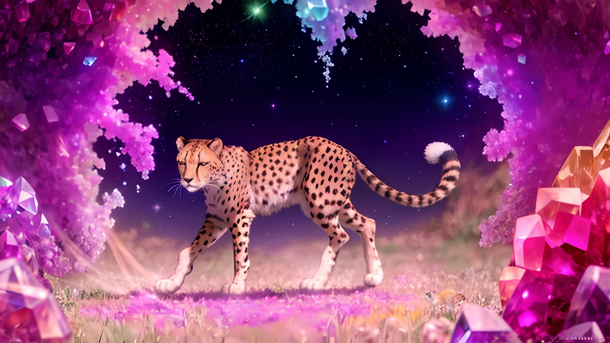 clear focus, front left paw is stretched forward, male cheetah, cheetah, atmospheric, many luminous crystals, millions of multi-colored crystals in the background, against the background of a field of crystals, an endless field of small crystals, soft gentle lighting, a colorful world in the background, bright colors at a cursory glance and intriguing details with careful consideration, masterpiece