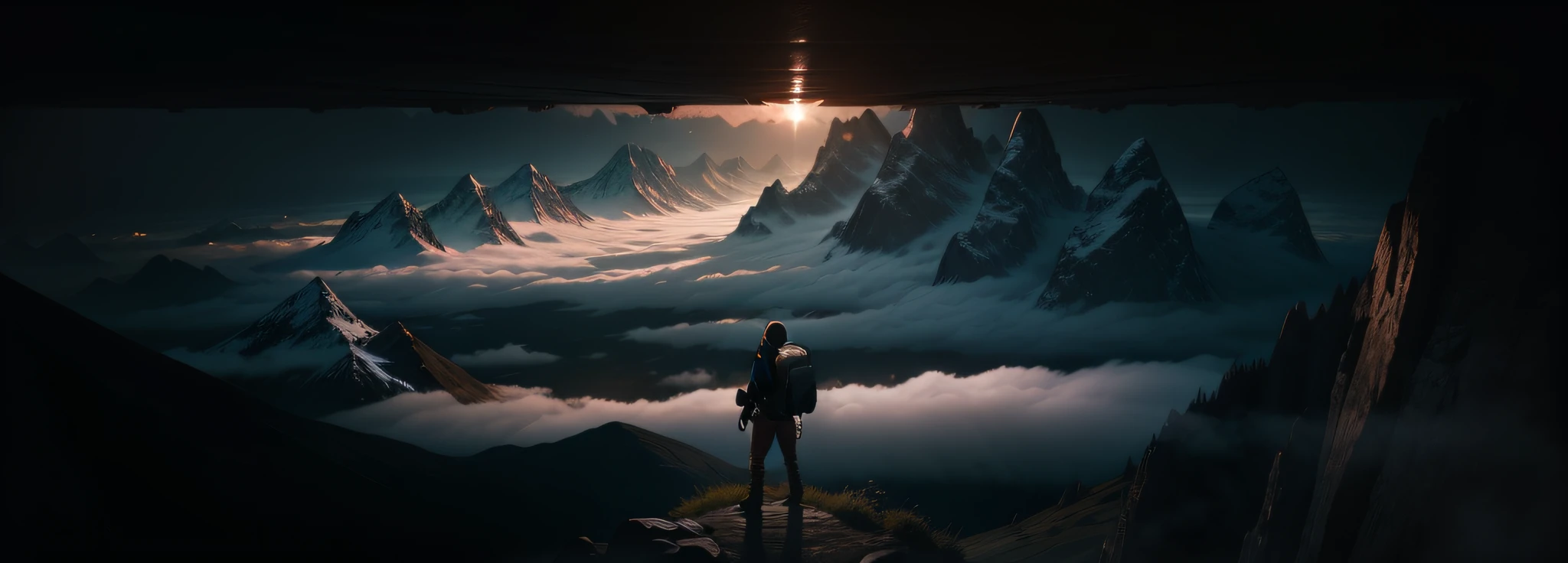 "Young and adventurous mountaineer with backpack on his back, stunning mountain view, under strong lighting, archipelago of floating clouds, dense foliage, precise depth of field, ultra sharp details, strong contrast." --auto --s2