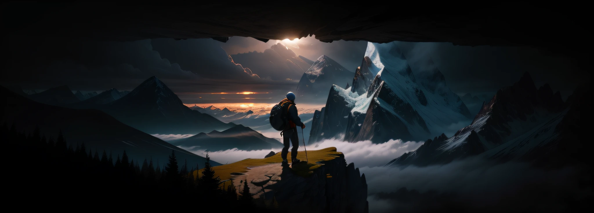 "Young and adventurous mountaineer with backpack on his back, stunning mountain view, under strong lighting, archipelago of floating clouds, dense foliage, precise depth of field, ultra sharp details, strong contrast." --auto --s2