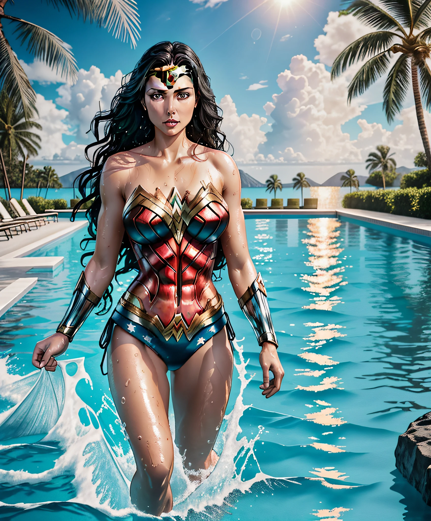 full body portrait RAW photograph of wonder woman in a pool, she is wearing a transparent and black bikini, innocent face, perfect fit body, detailed skin texture, no makeup, photographed on iphone, instagram photography, detailed water, detailed sky, hard lighting, water splashes, floating hair, long hair, wet skin, sunlight, coconut trees, HD wallpaper,  UHD Image