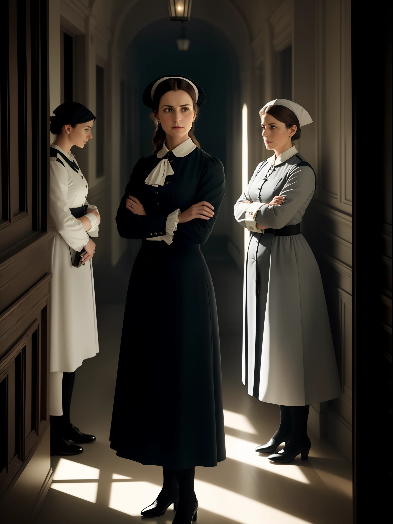 A still image captured in cinematic mode. The concept revolves around three 18th-century nurses, with one positioned in the center of the composition and the others appearing in perspective. The scene is inspired by the works of Christopher Nolan. The image depicts nurses in a dimly lit hospital corridor, with dramatic shadows and contrasting lighting. The color temperature is cold, enhancing the mysterious and intense atmosphere. Lead nurse Dorothea Orem has a determined expression, exuding leadership and resilience, on the right side in perspective with crossed arms and neutral expression is Olga Verderese and on the left side in perspective with crossed arms and neutral expression is Florence Nightingale. The lighting is dynamic, with strategic highlights and shadows, adding depth and intrigue. The atmosphere evokes a sense of urgency and dedication.