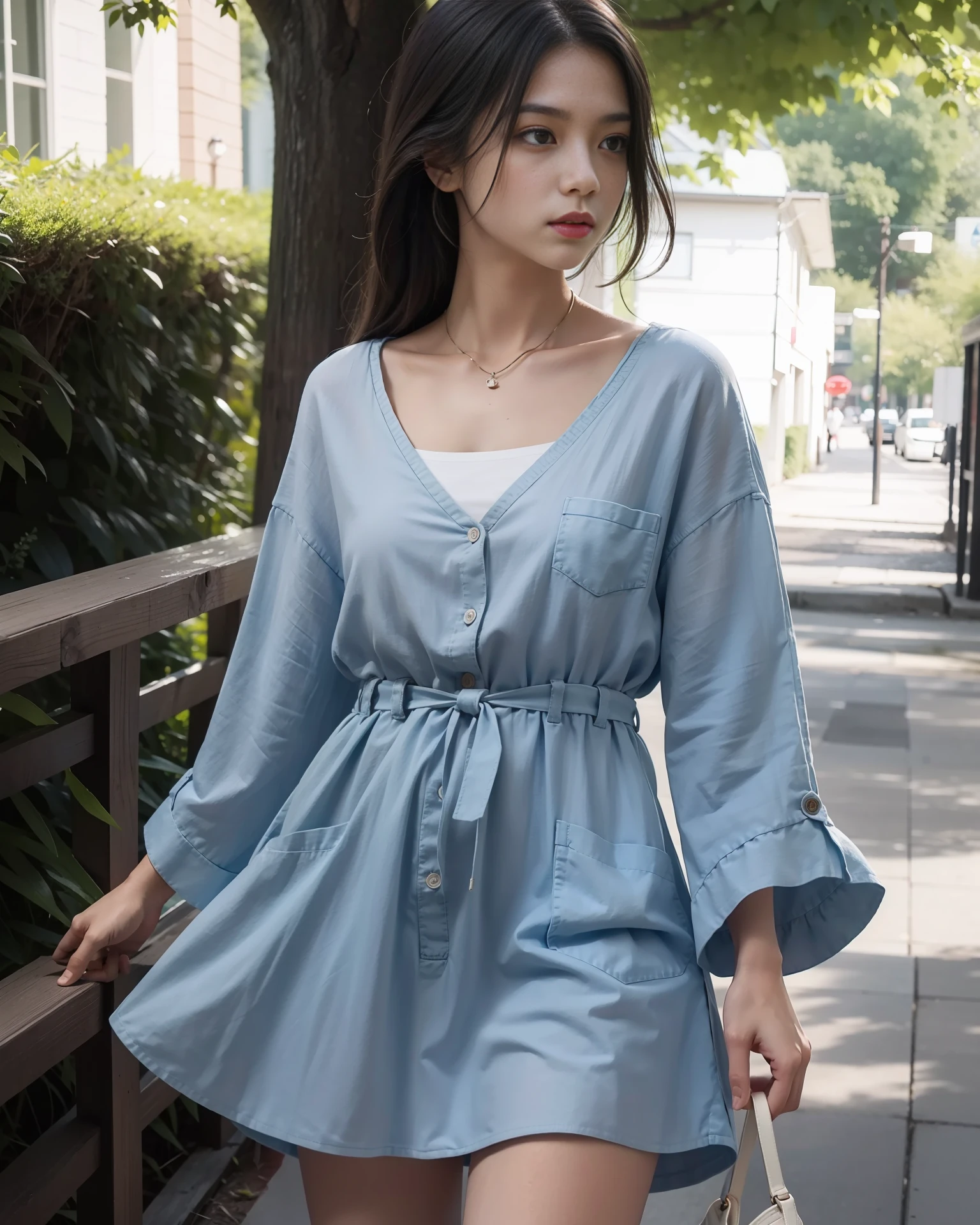 This is a blue striped cotton and linen dress, (color is blue: 1.5), length to the calf, has a large pocket in the front, the material is soft and comfortable cotton linen, economical but durable, This dress is characterized by casual and not casual, the blue stripe pattern is both refreshing and stylish, the details of the pockets add practicality and fun, suitable for pairing with white sneakers, easy and stylish The neckline is V-shaped and has a small button, which makes it appear that the neck is more slender, The sleeves are long-sleeved with a small folded edge, Increased layering, The waist is an elastic band design that can adjust the tightness to suit different body shapes, The skirt is straight, there is a large pocket in the front to store small items such as mobile phones or keys, There is no inner lining in the skirt, because cotton and linen are opaque and unpilling, 4K, 8K, fine details, ultra-high resolution, best quality, HD, complex details, large file size, amazing, depth of field, natural shadows, (85mm, f/1.4, ISO 200, 1/600:0.75), ( Whole body: 1.3),