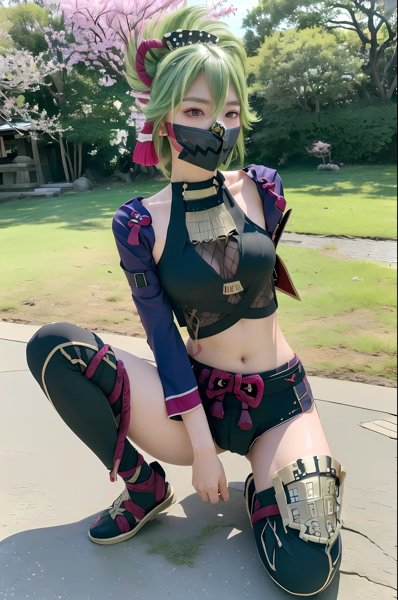 (Natural Sunlight, 8k, RAW Photos, Top Quality, Masterpiece: 1.2), (Realistic, Photorealistic: 1.37), Octane Rendering, Ultra High Resolution, Ultra Detailed, Full Body, (Full Body Shot)), Girl, Beautiful Detailed Eyes, Beautiful Detailed Lips, Professional Lighting, UE5, Highly Detailed Eyes and Face, Highly Detailed Lips and Skin Texture, Highly Detailed Eyes, Facial Light, Cleavage, (Full Body), Watch the viewer, (((cute)), ((Kunoichi)), (Shinobi costume), (hair ornament), (earrings)), (black mask), (cherry blossom tree)), ((beautiful environment)), ((landscape)), ((waterfall)), ((ray tracing)), (legs), (((dark green hair)), kuki shinobu \ (Genshin impact\), realistic shadow, bewitching, beautiful Japan woman, Japan woman, sexy, traditional Japan, Constricted waist, (open crotch, spread crotch, spread legs, open legs, raise legs, crotch,)