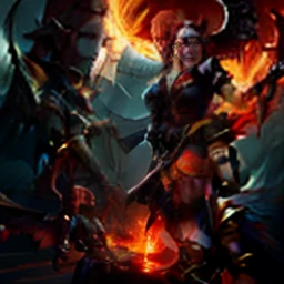 Lilith from Diablo 4 with blood, horns and wings with a background catching fire