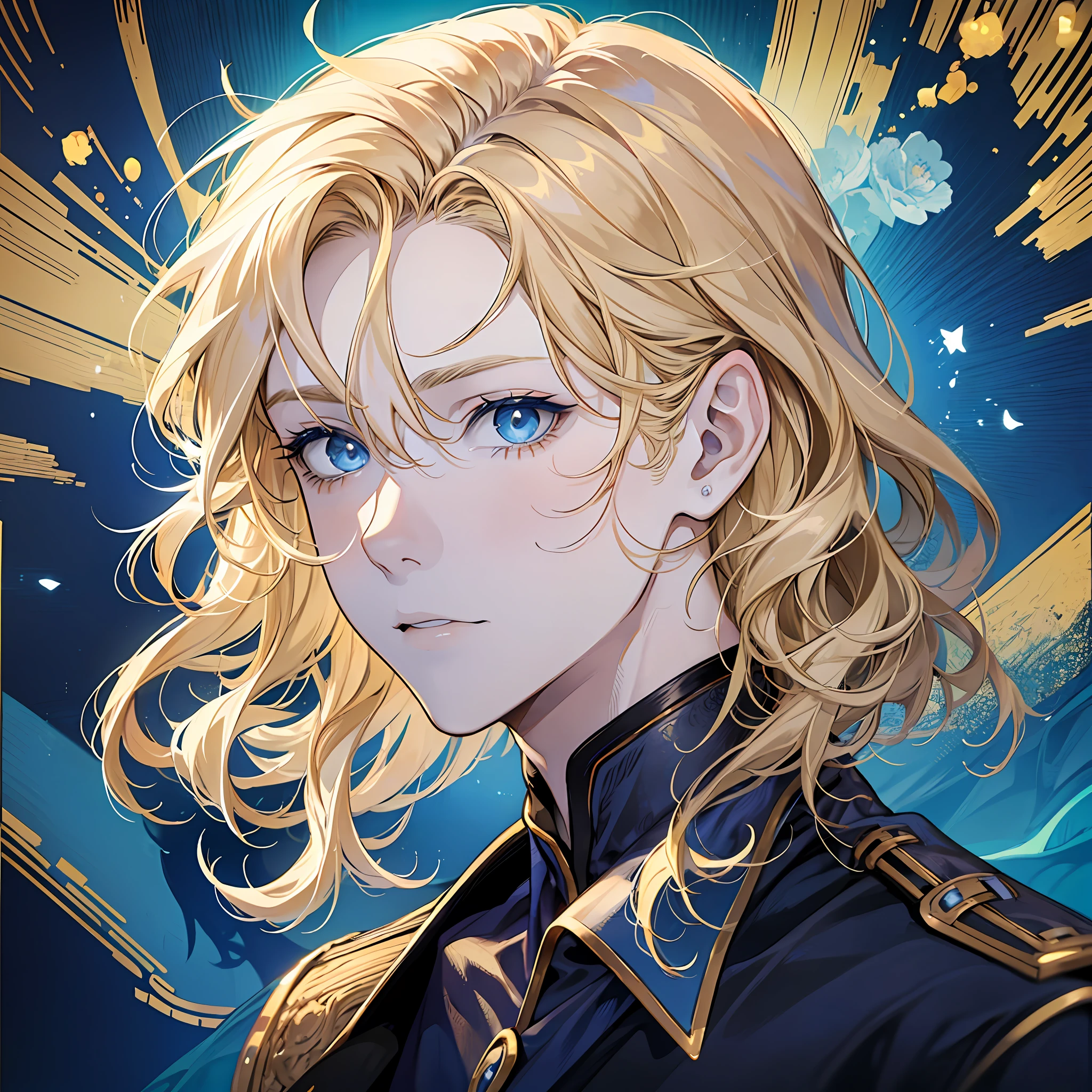 Young man of medium height, with blond hair with waves and bright blue eyes. He has fine features and an intriguing expression on his face.