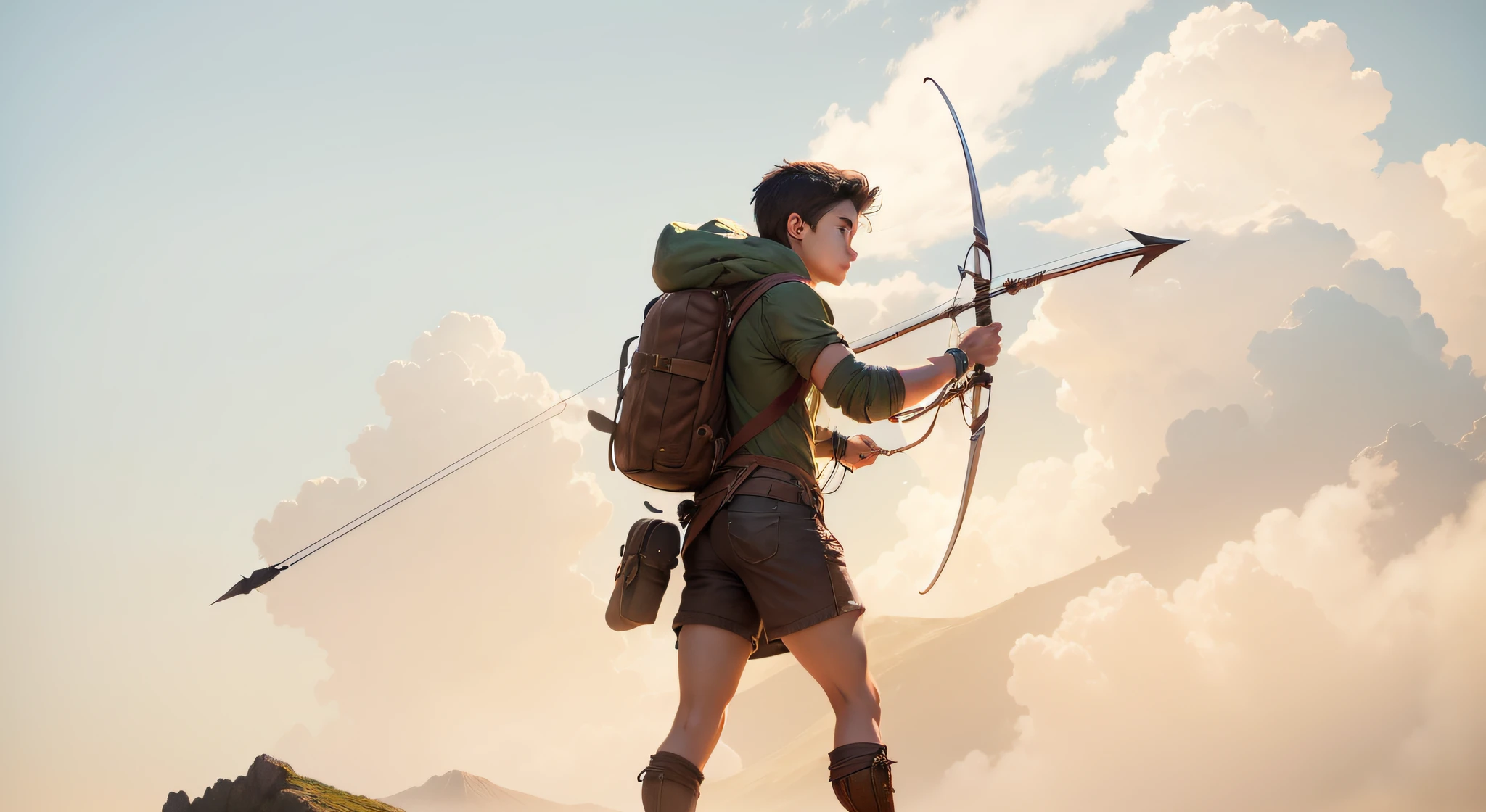 "A young adventurer without a chapel, with a backpack on his back that exudes courage and determination is holding a bow and arrow within the letter O. #Fotorealismo #MelhorQualidade #DetalhesUltrarrealistas #IluminaçãoRealista."