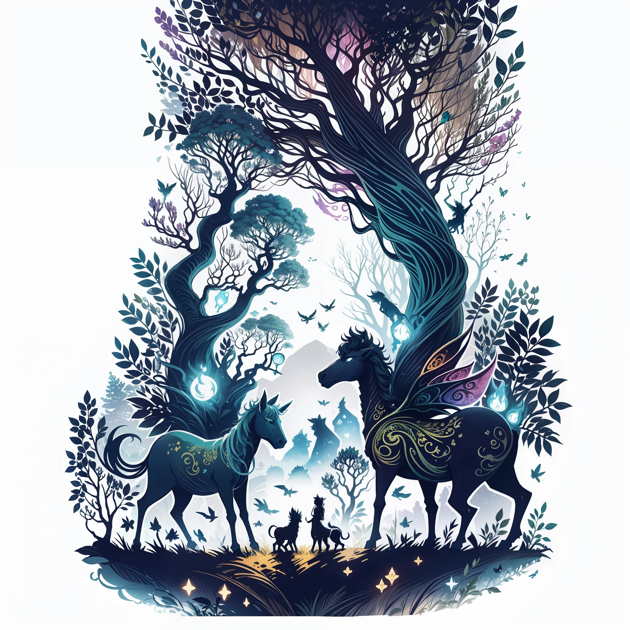 A sticker showing a set of fantastic beasts, such as grickets, centaurs and fairies, gathered in an enchanting scene, awakening the imagination and fascination with the magical world