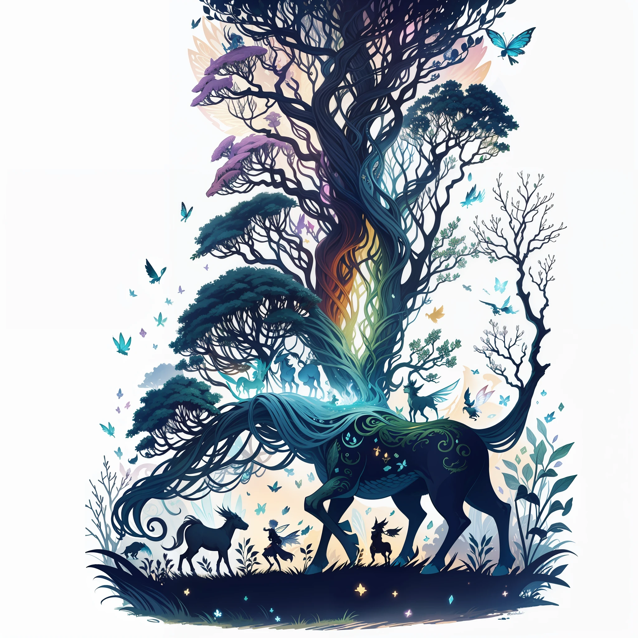 A sticker showing a set of fantastic beasts, such as grickets, centaurs and fairies, gathered in an enchanting scene, awakening the imagination and fascination with the magical world
