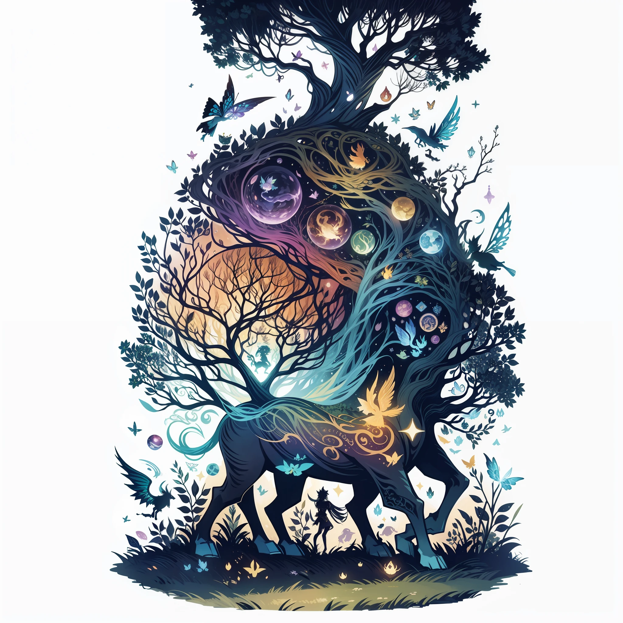 A sticker showing a set of fantastic beasts, such as grickets, centaurs and fairies, gathered in an enchanting scene, awakening the imagination and fascination with the magical world