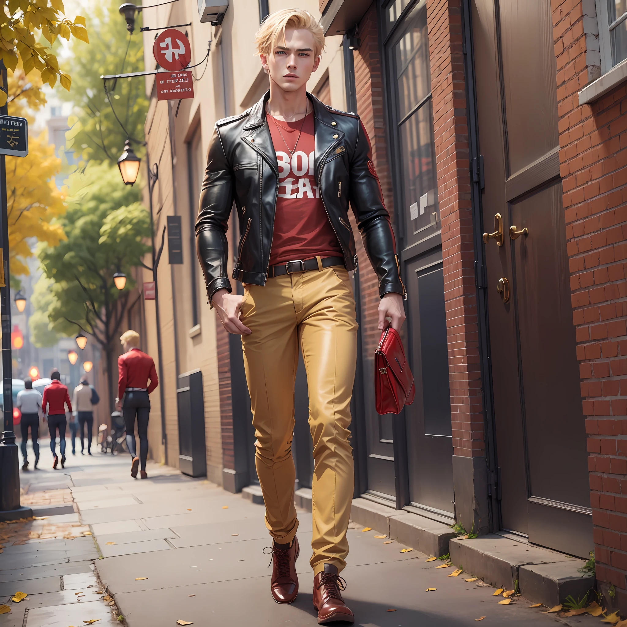 Blonde man with golden shoe and leather jacket with red shirt inside and khaki pants --auto --s2