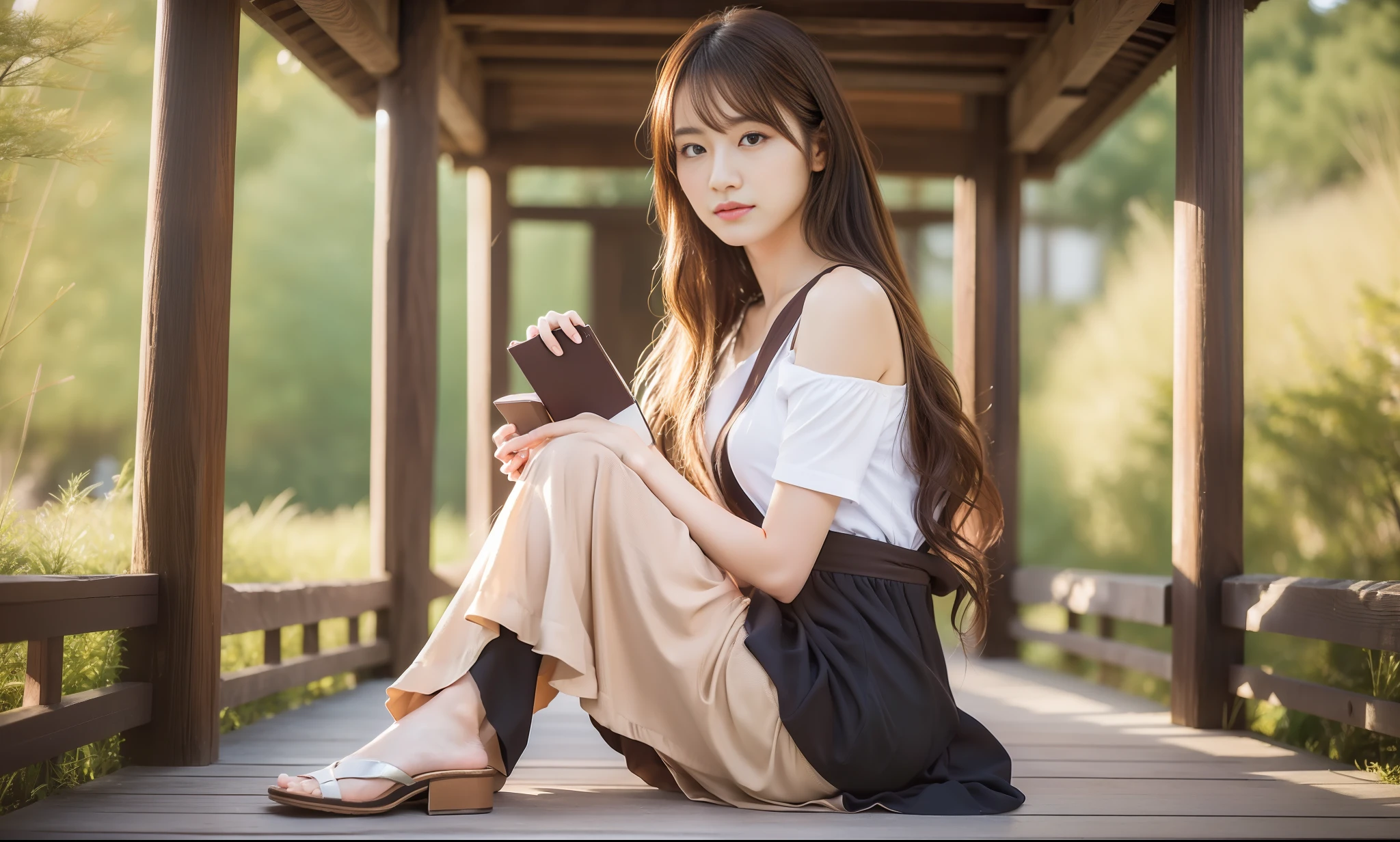 (Best Quality, 8k, 32k, Masterpiece, UHD: 1.2), Cute Japan Woman Photography, Long Hair, ((((Small)))), Full Body Shot, Double Eyelids, Highly Detailed Face and Skin Texture, Full Body Shot, Brown Hair, One Piece Shirt, Overexposed Eyes, Right Shoulder Lowered, Sitting