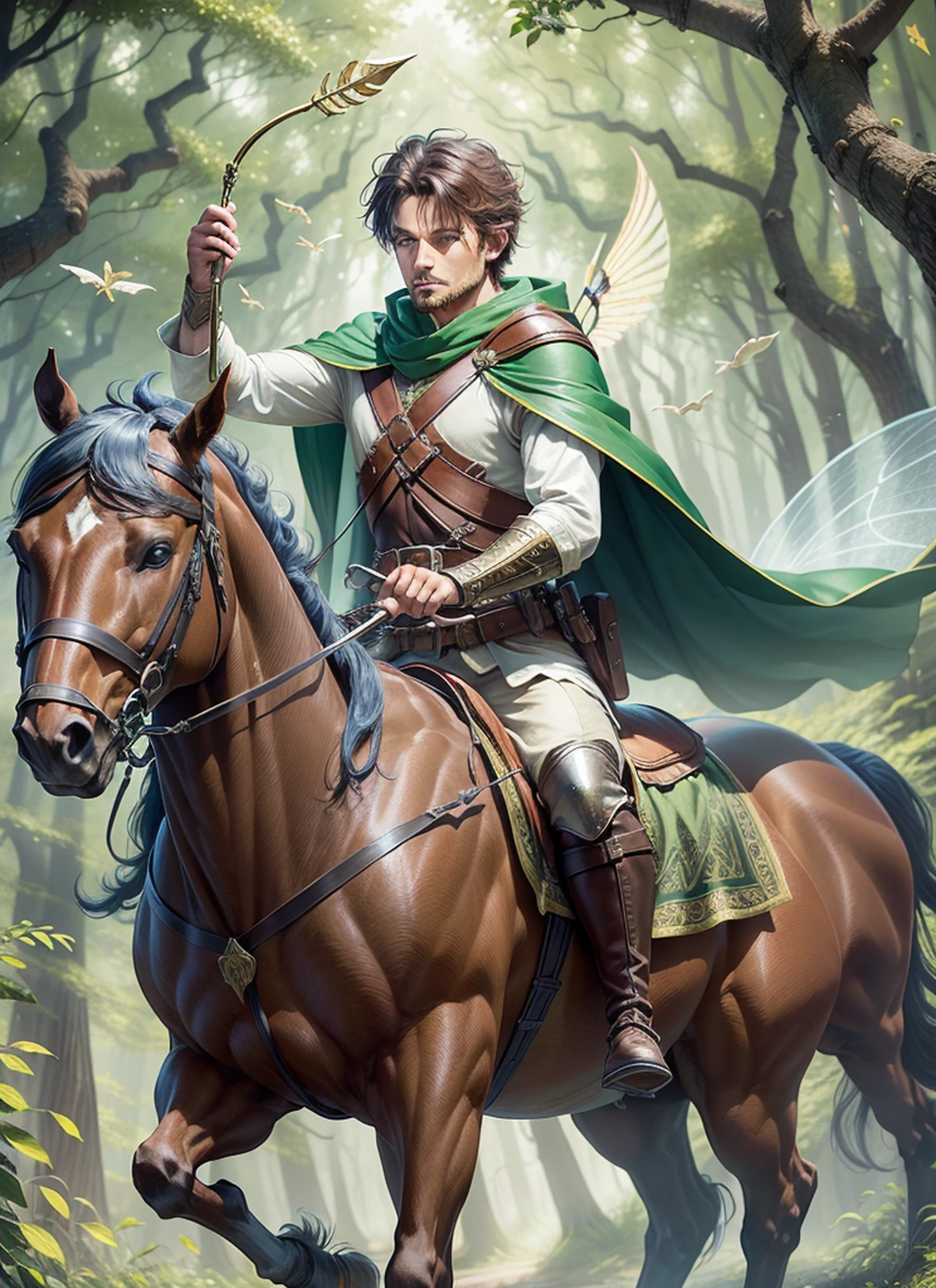 A digitized, 4k image of Robin Hood portraying him as a fairy tale hero. He is riding his faithful horse, with a cape fluttering in the wind. His bow and arrow are decorated with golden details, symbolizing his exceptional skill. Behind it, an enchanted forest full of magical creatures and mythological beings creates a fantasy environment.