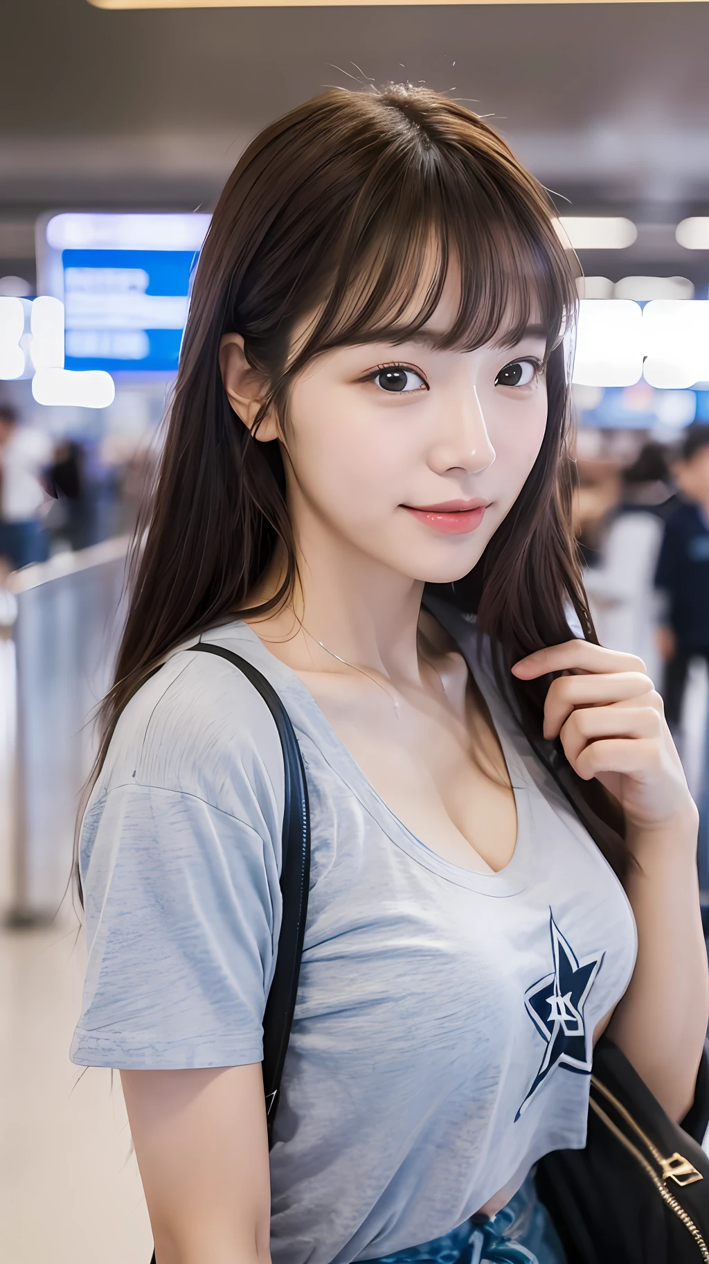 realistic photos of (1 cute Korean star) crossed bangs, thin makeup, medium breasts size, slightly smile, t-shirt, in the airport, pov, Eye-Level Shot, blurry, UHD, masterpiece, highres, 16k