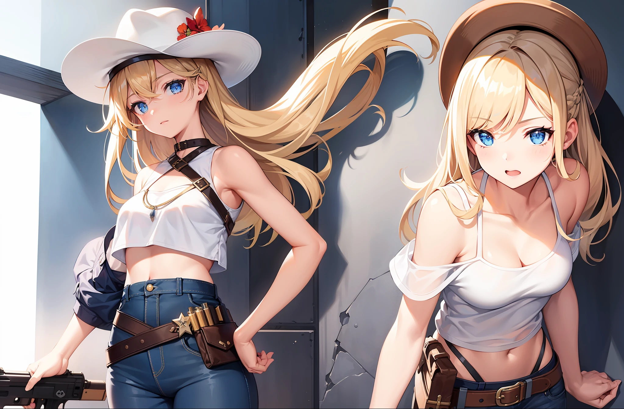 1 girl, masterpiece, best quality, white tank top, midriff, short blue jeans, small breasts, cowboy hat, gun holster on hip, holstered revovler, detailed eyes, sparkling eyes, beautiful hands, highly detailed hands, straight hands, shiny skin, shiny hair, blue eyes, light blonde hair, tall, long hair, straight hair, full body, American flag