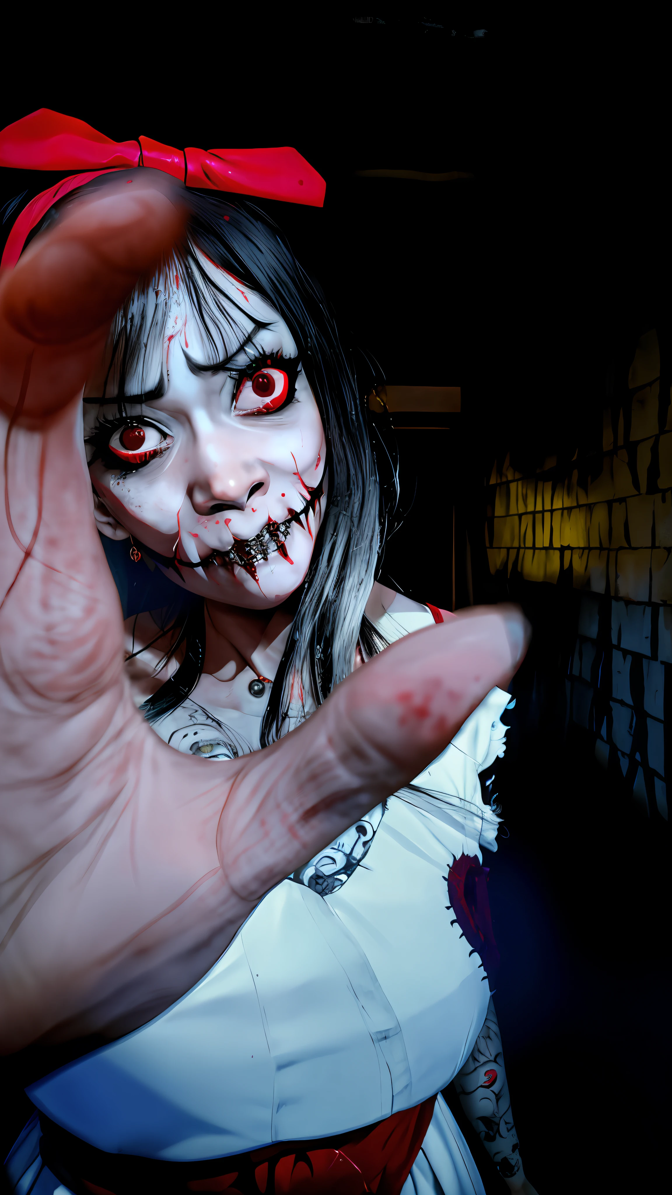 there is a woman with a red bow on her head and a nose piercing, scary look, scary pose, scary face, creepy pose, horror photo, corpsepaint, inspired by Junji Ito, with fangs, scary angry pose, junji ito 4 k, scary smile, shiro from deadman wonderland, horror face, taken with a canon eos 5d
