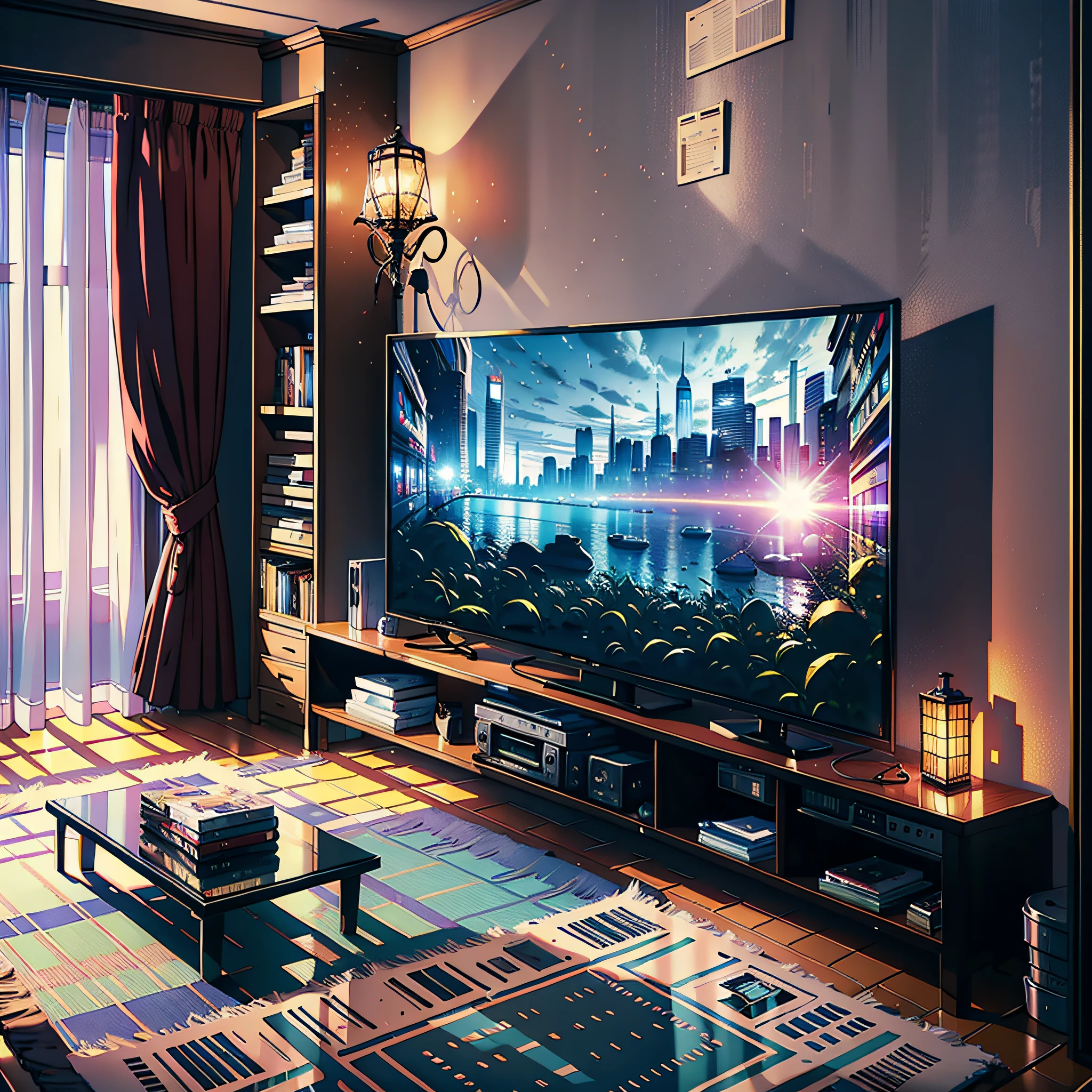 In the house, there are a lot of CDs, equipment for watching movies, ultra detail, highly real, 4K, chiaroscuro, super high detail