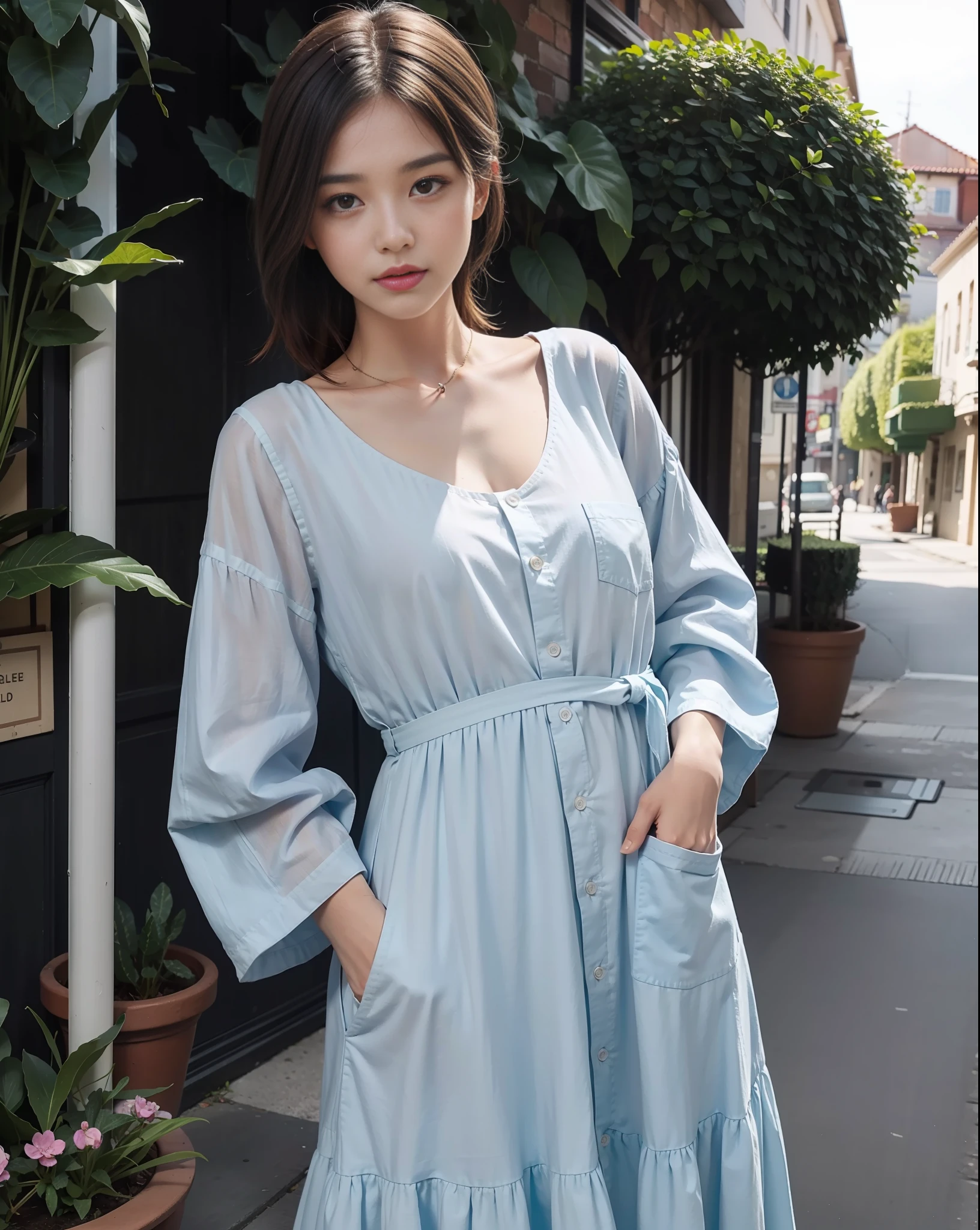 This is a blue striped cotton and linen dress, (color is blue: 1.5), length to the calf, has a large pocket in the front, the material is soft and comfortable cotton linen, economical but durable, This dress is characterized by casual and not casual, the blue stripe pattern is both refreshing and stylish, the details of the pockets add practicality and fun, suitable for pairing with white sneakers, easy and stylish The neckline is V-shaped and has a small button, which makes it appear that the neck is more slender, The sleeves are long-sleeved with a small folded edge, Increased layering, The waist is an elastic band design that can adjust the tightness to suit different body shapes, The skirt is straight, there is a large pocket in the front to store small items such as mobile phones or keys, There is no inner lining in the skirt, because cotton and linen are opaque and unpilling, 4K, 8K, fine details, ultra-high resolution, best quality, HD, complex details, large file size, amazing, depth of field, natural shadows, (85mm, f/1.4, ISO 200, 1/600:0.75), ( Whole body: 1.3),