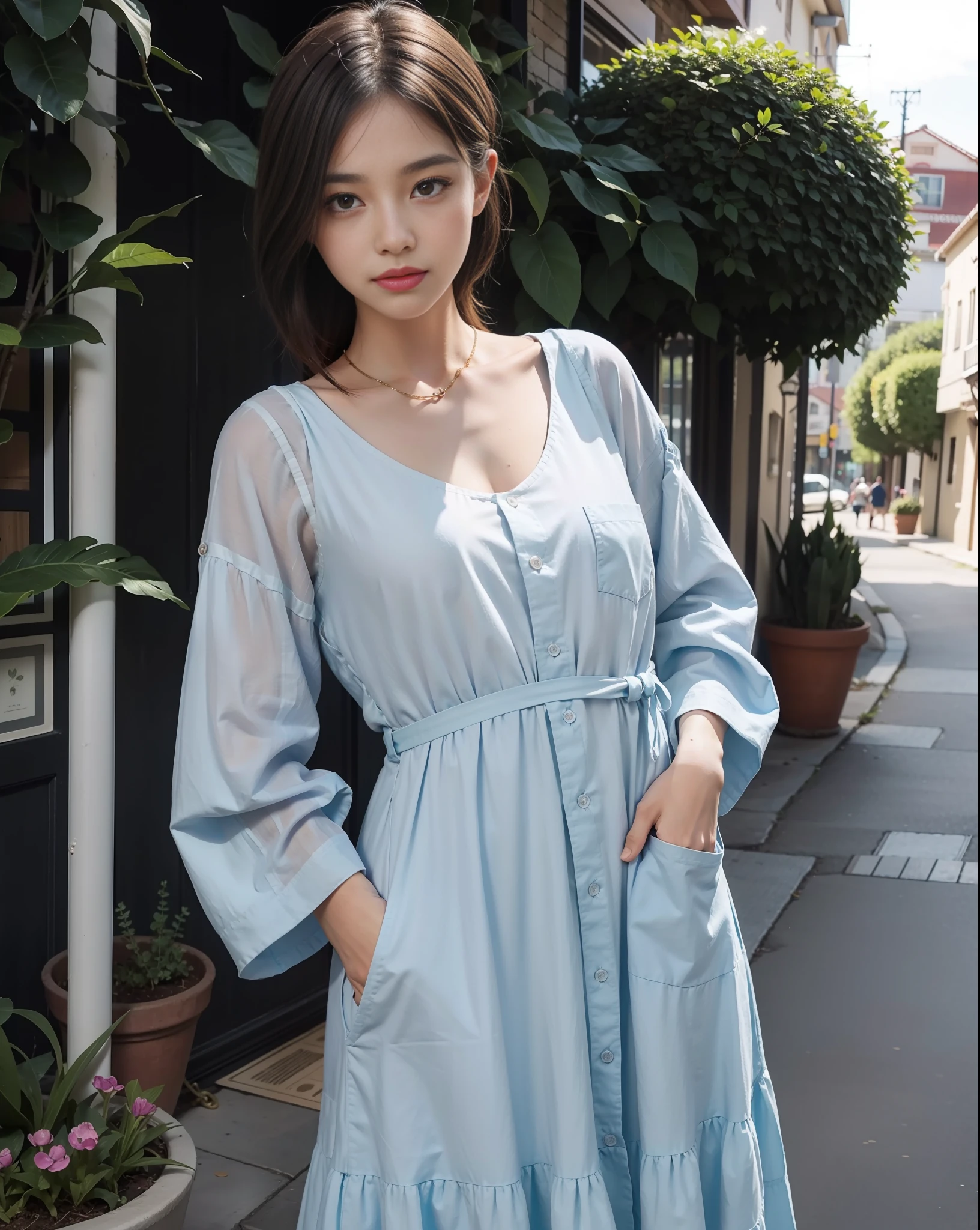 This is a blue striped cotton and linen dress, (color is blue: 1.5), length to the calf, has a large pocket in the front, the material is soft and comfortable cotton linen, economical but durable, This dress is characterized by casual and not casual, the blue stripe pattern is both refreshing and stylish, the details of the pockets add practicality and fun, suitable for pairing with white sneakers, easy and stylish The neckline is V-shaped and has a small button, which makes it appear that the neck is more slender, The sleeves are long-sleeved with a small folded edge, Increased layering, The waist is an elastic band design that can adjust the tightness to suit different body shapes, The skirt is straight, there is a large pocket in the front to store small items such as mobile phones or keys, There is no inner lining in the skirt, because cotton and linen are opaque and unpilling, 4K, 8K, fine details, ultra-high resolution, best quality, HD, complex details, large file size, amazing, depth of field, natural shadows, (85mm, f/1.4, ISO 200, 1/600:0.75), ( Whole body: 1.3),